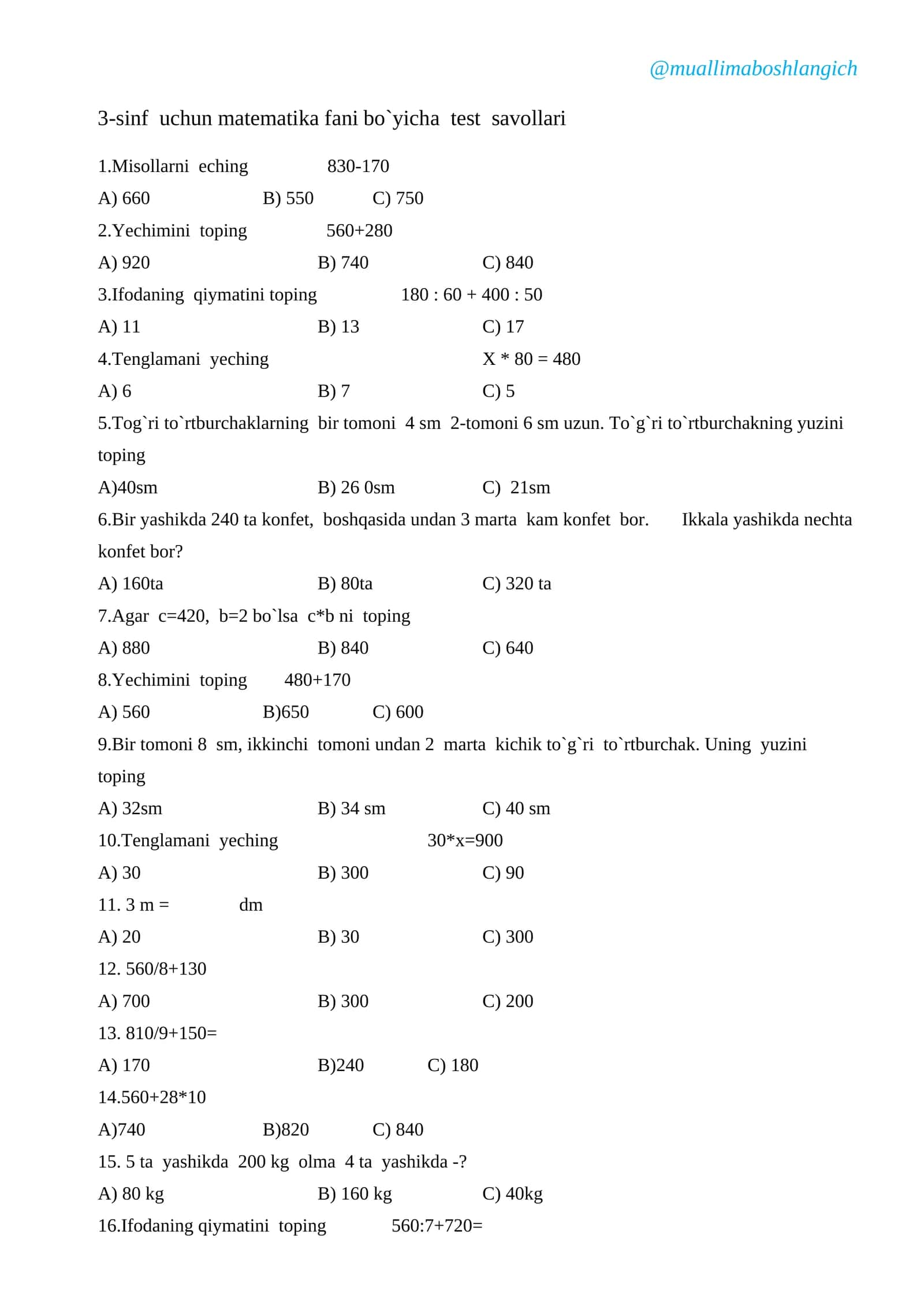 3-sinf uchun matematika fani bo`yicha test savollari