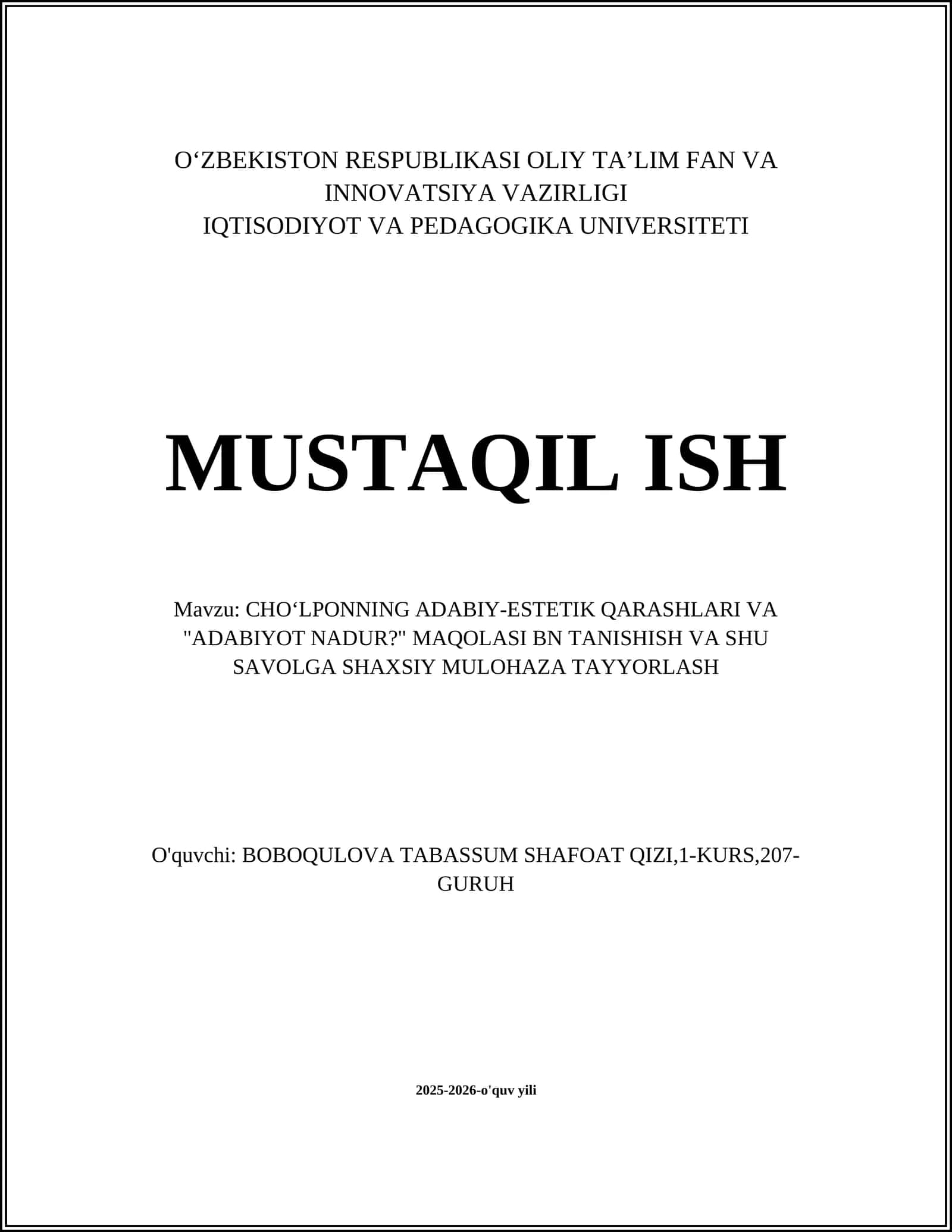 CHOʻLPONNING ADABIY-ESTETIK QARASHLARI VA "ADABIYOT NADUR?" MAQOLASI BN TANISHISH