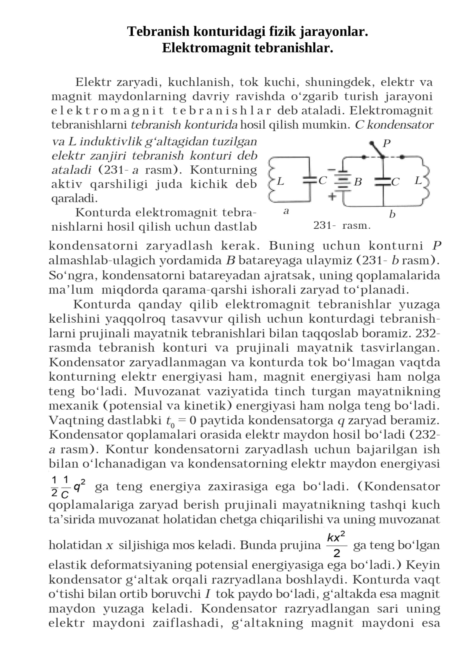 Tebranish konturidagi fizik jarayonlar va elektromagnit tebranishlar