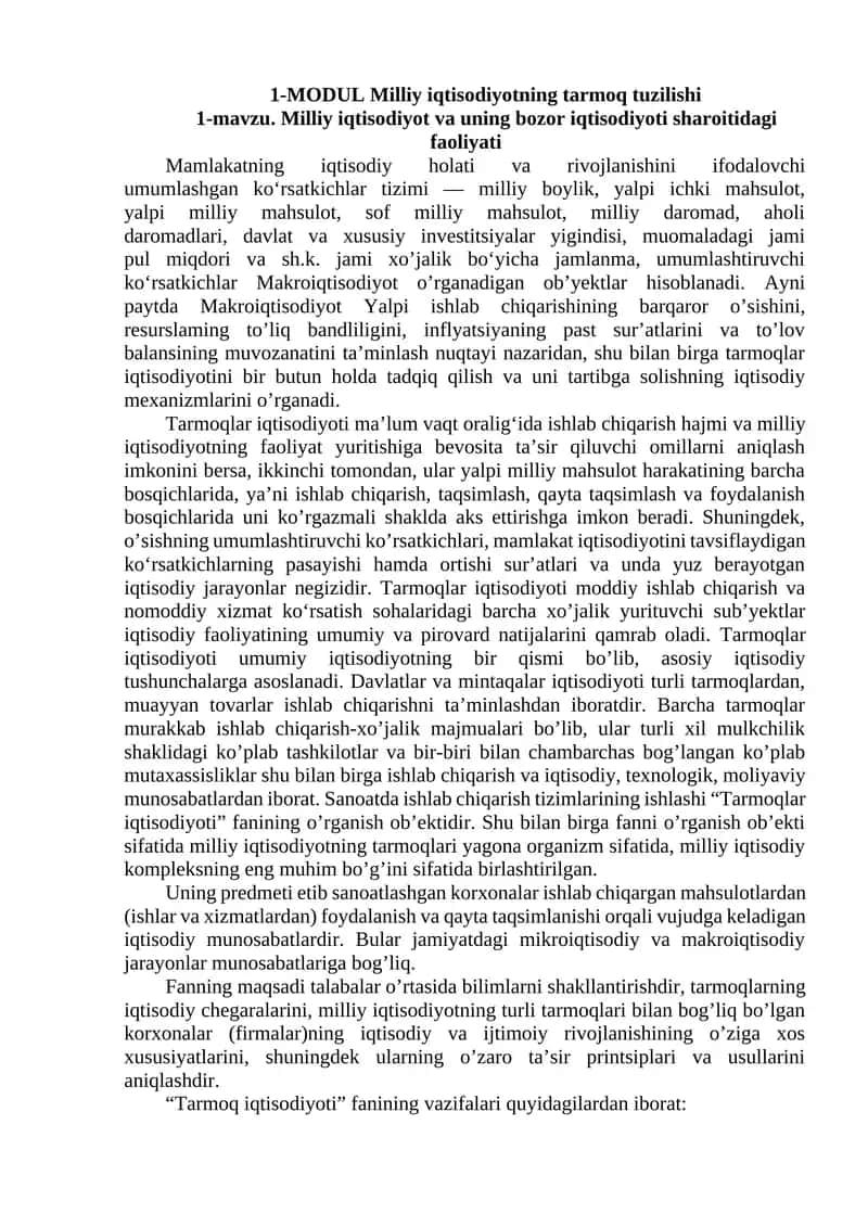 MODUL Milliy iqtisodiyotning tarmoq tuzilishi