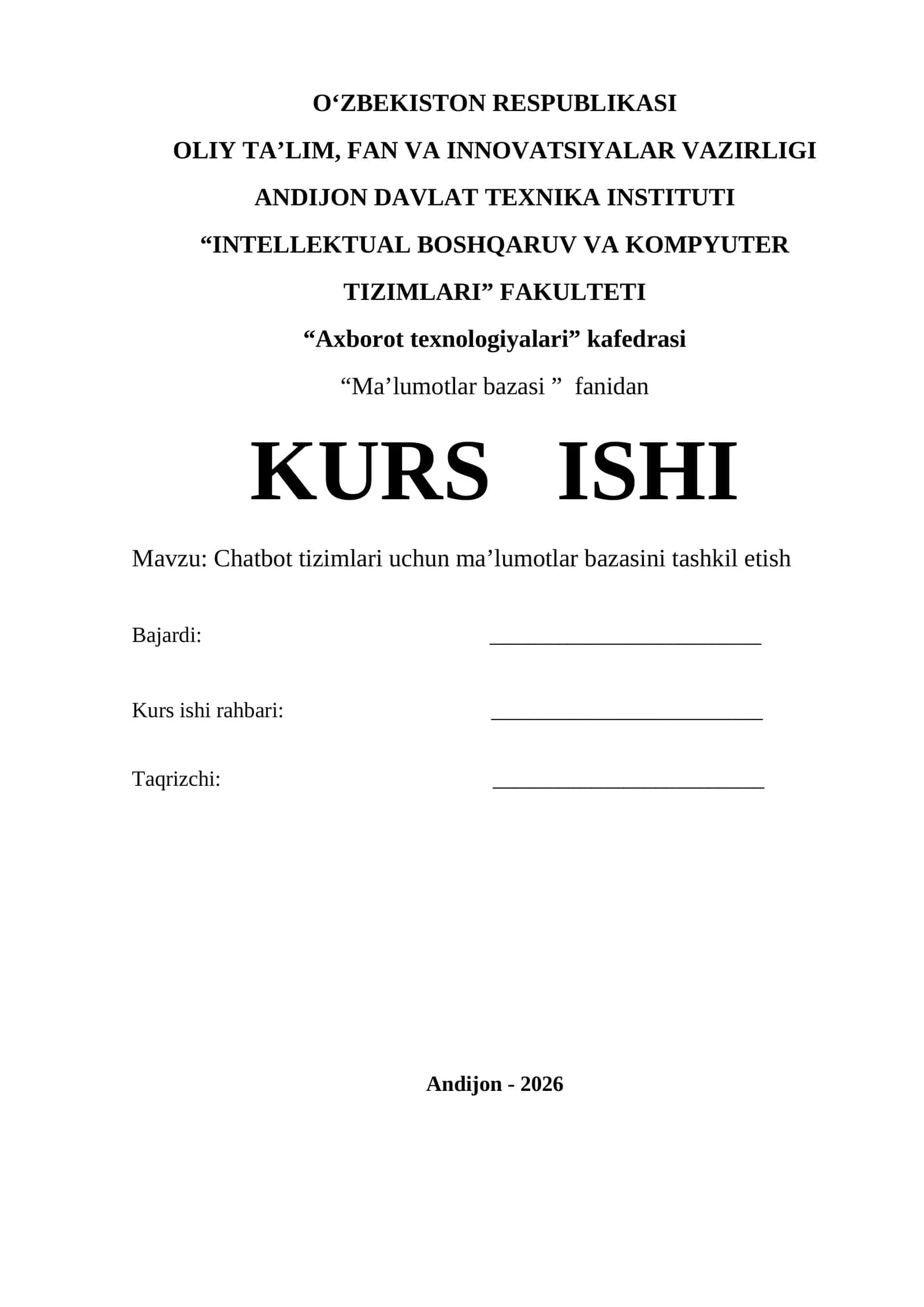 Chatbot tizimlari uchun ma’lumotlar bazasini tashkil etish