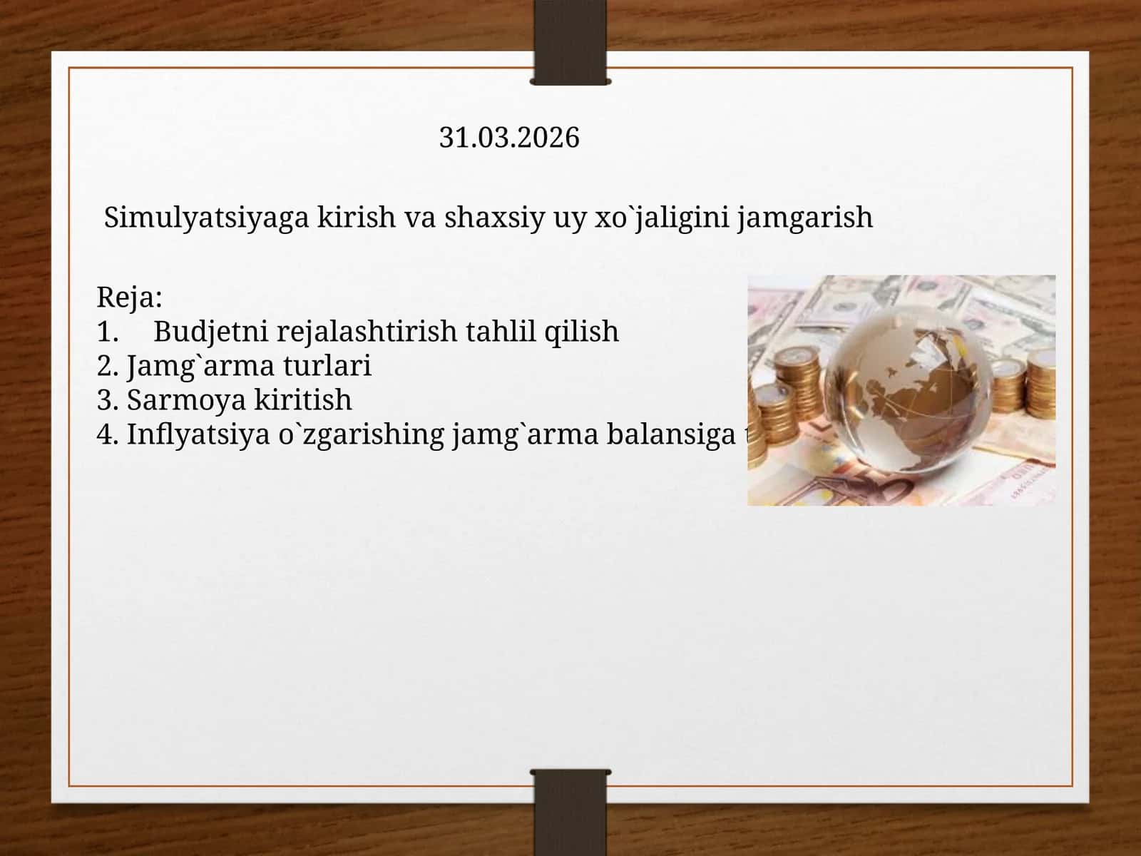 Simulyatsiyaga kirish va shaxsiy uy xo`jaligini jamgarish