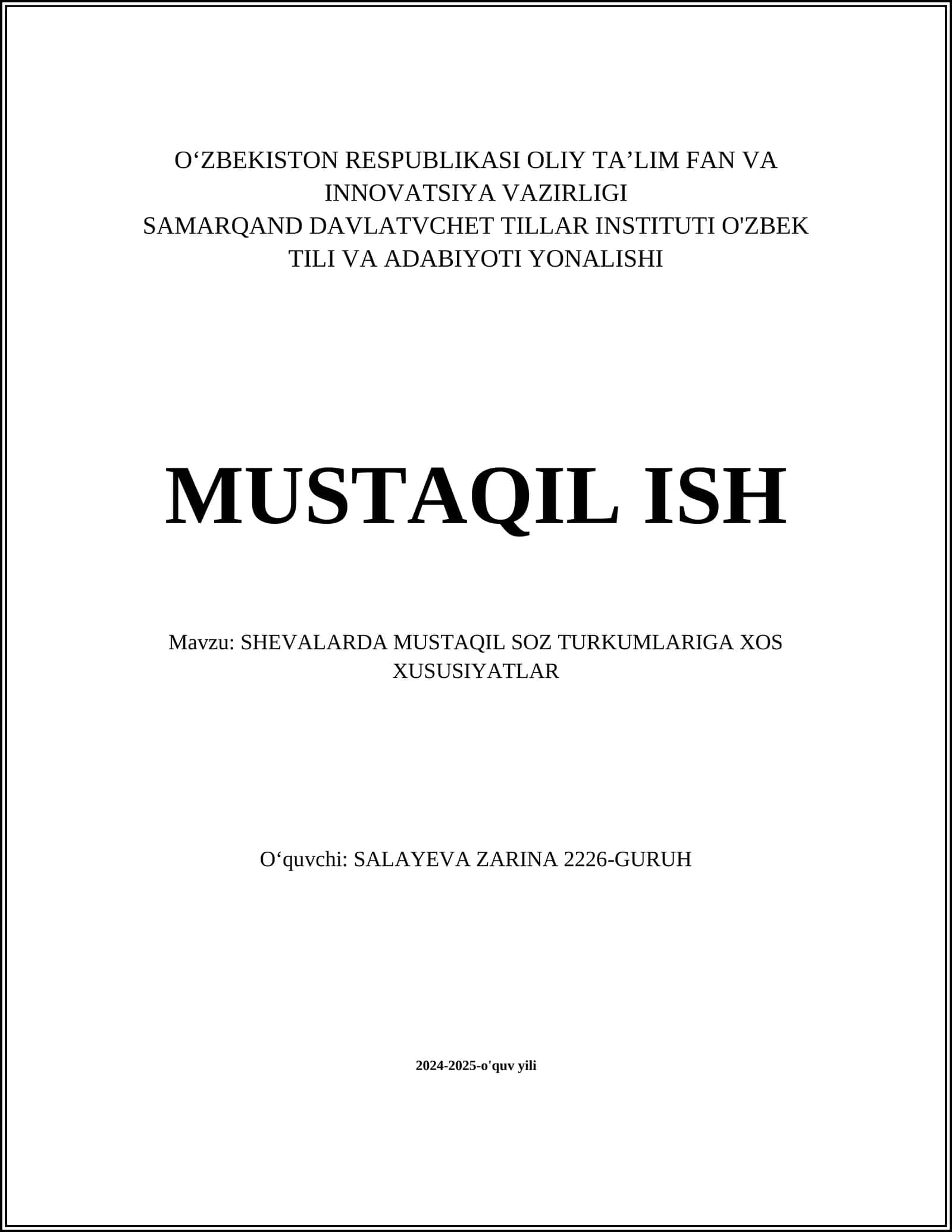 SHEVALARDA MUSTAQIL SOZ TURKUMLARIGA XOS XUSUSIYATLAR