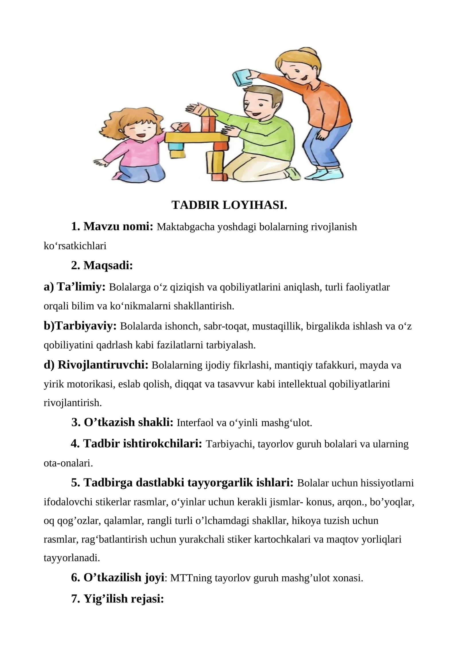 Maktabgacha yoshdagi bolalarning rivojlanish ko‘rsatkichlari mashgulot ishlanma