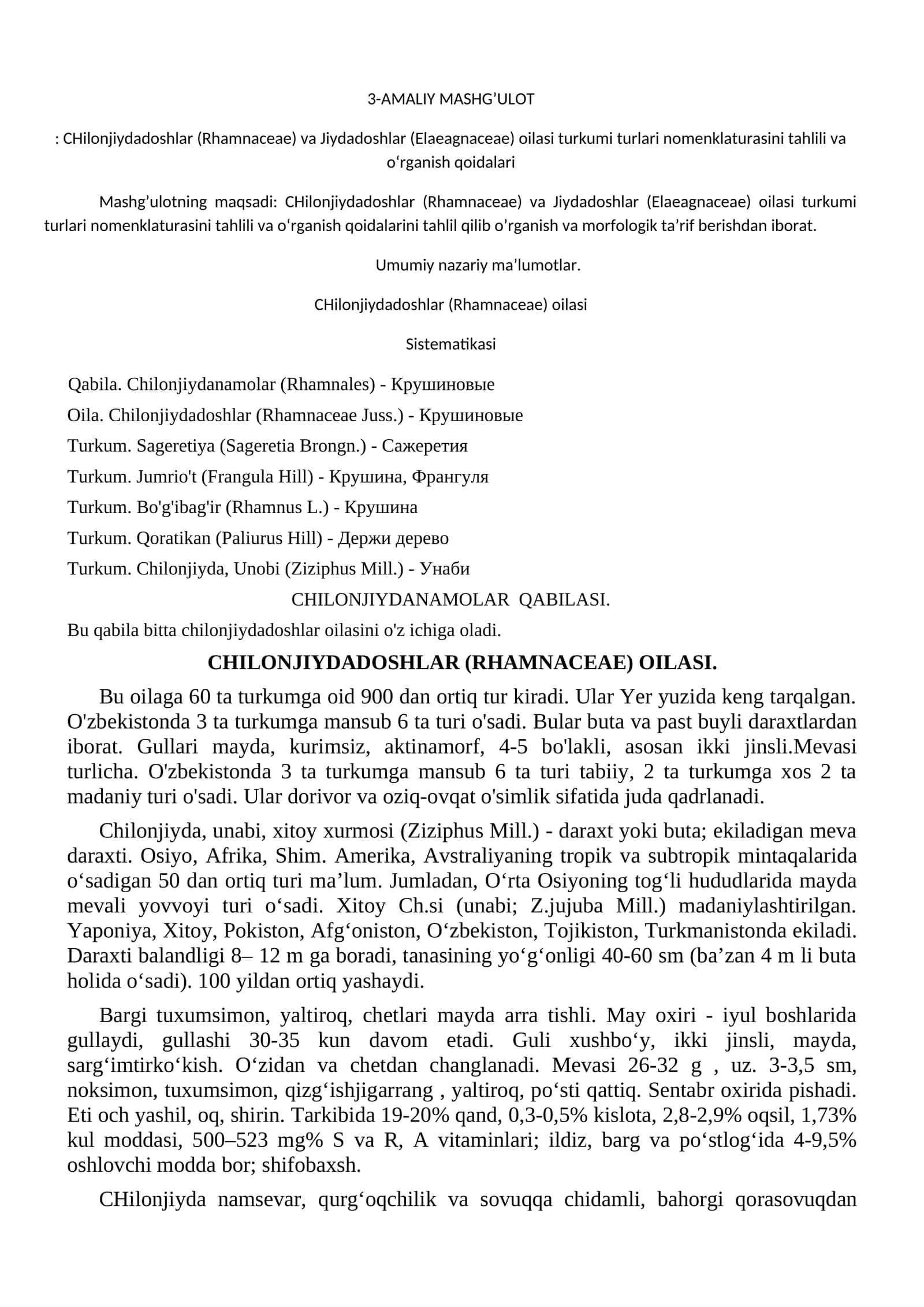 CHilonjiydadoshlar (Rhamnaceae) va Jiydadoshlar (Elaeagnaceae) oilasi turkumi turlari nomenklaturasini tahlili va o‘rganish qoidalari