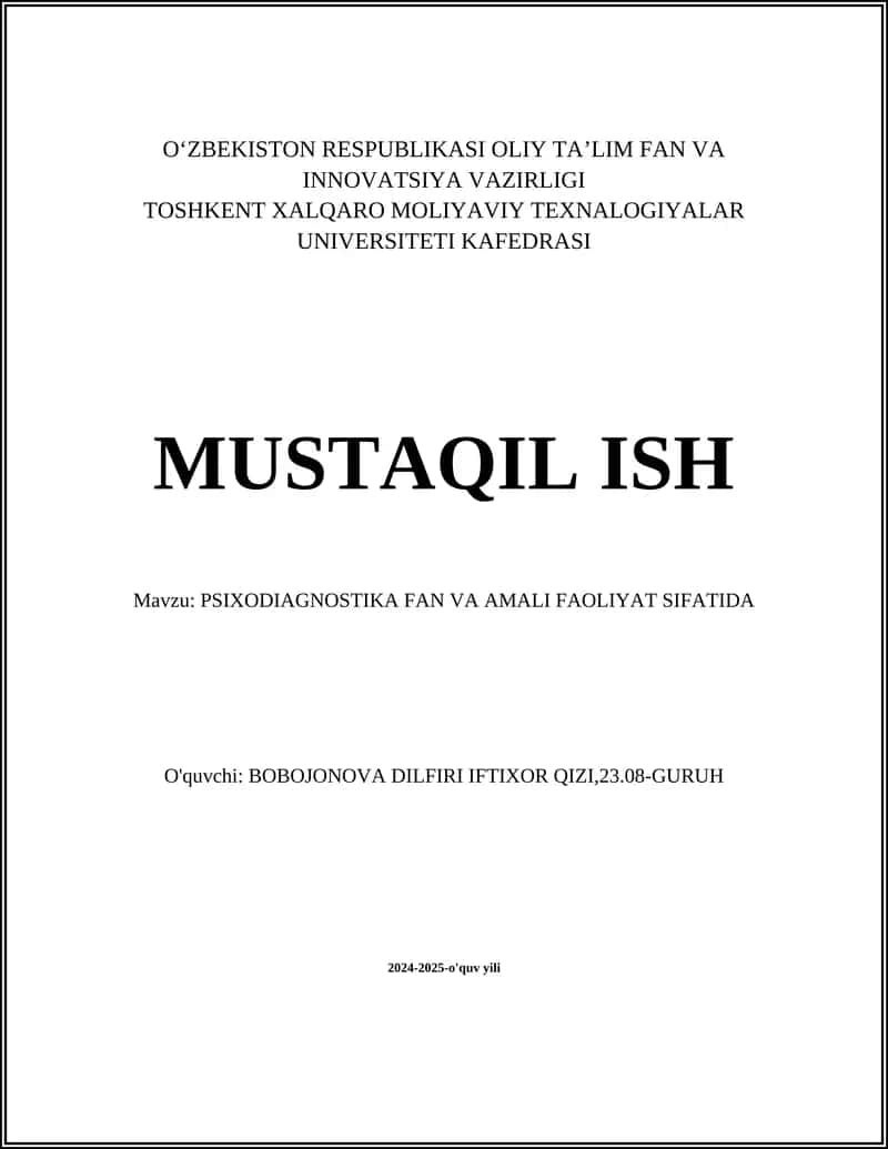 PSIXODIAGNOSTIKA FAN VA AMALI FAOLIYAT SIFATIDA
