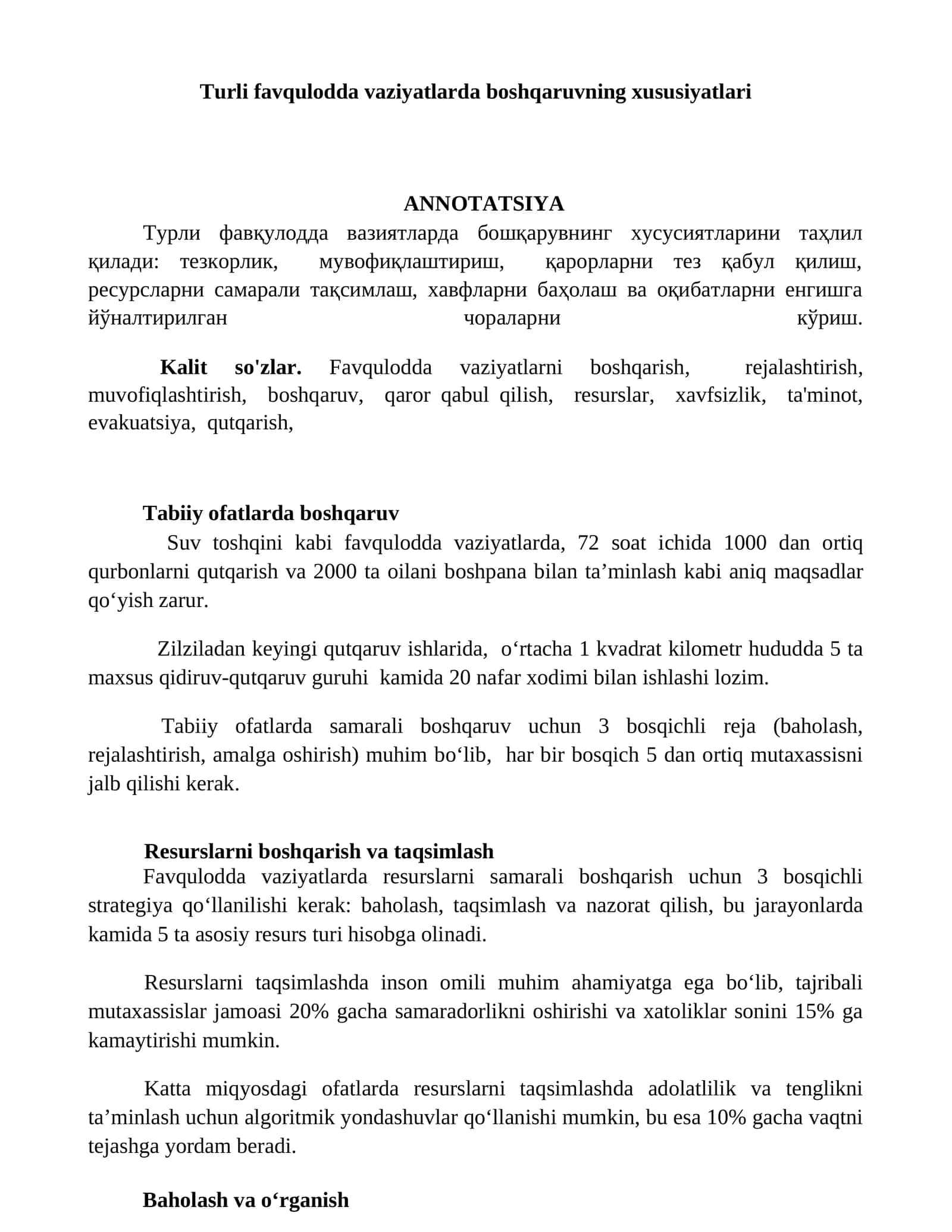 Turli favqulodda vaziyatlarda boshqaruvning xususiyatlari