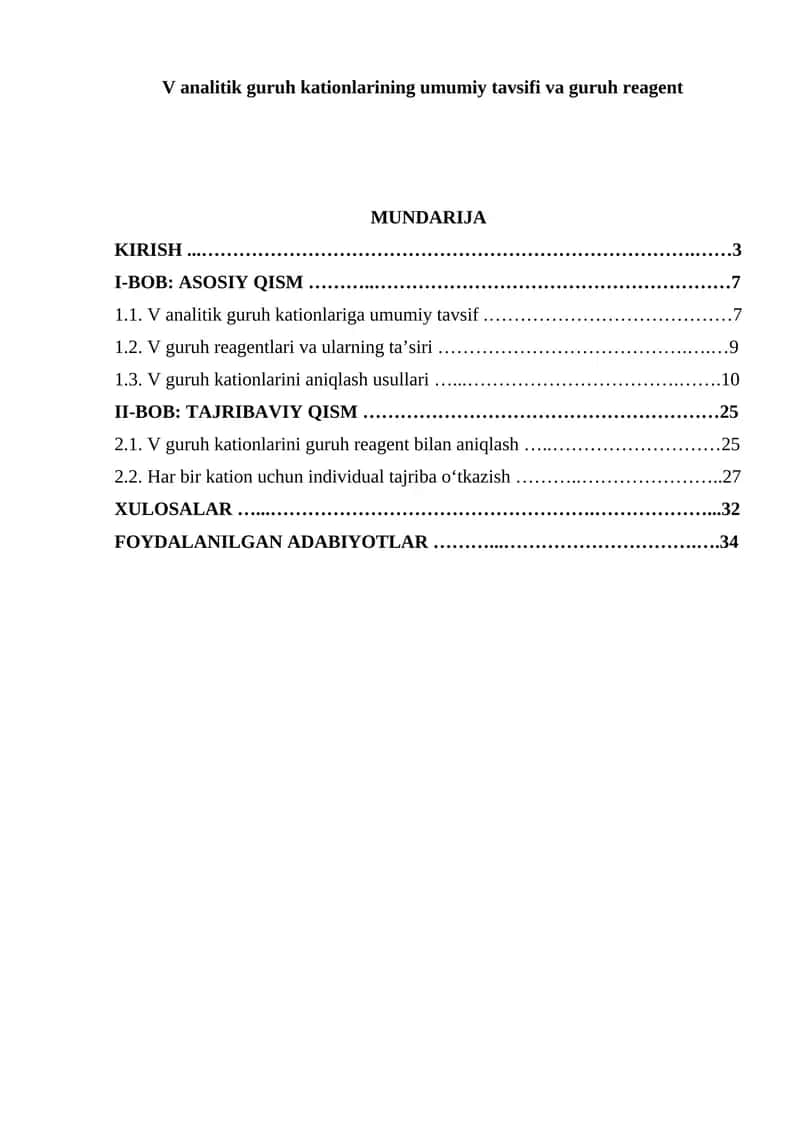 V analitik guruh kationlarining umumiy tavsifi va guruh reagent