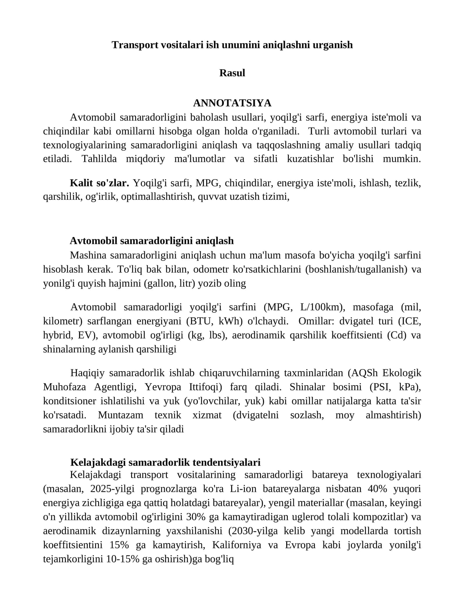 Avtomobil samaradorligini aniqlash