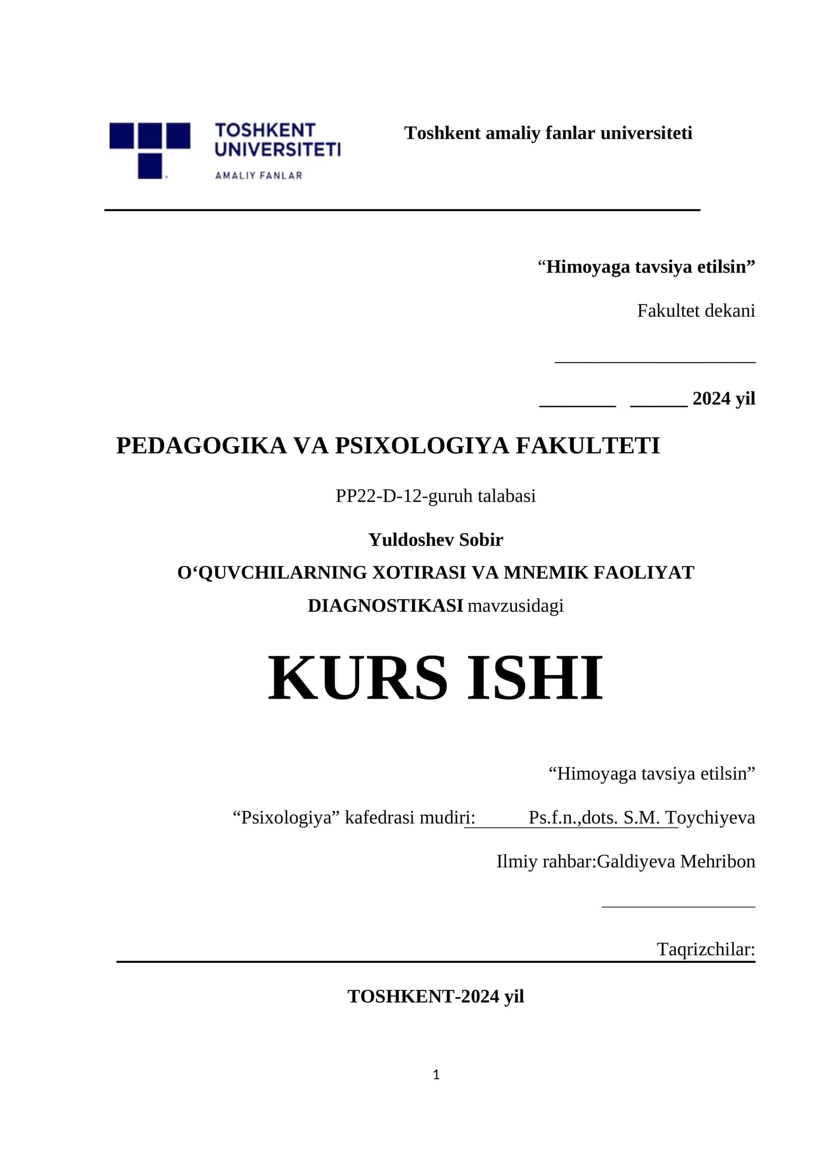 O'QUVCHILARNING XOTIRASI VA MNEMIK FAOLIYAT DIAGNOSTIKASI