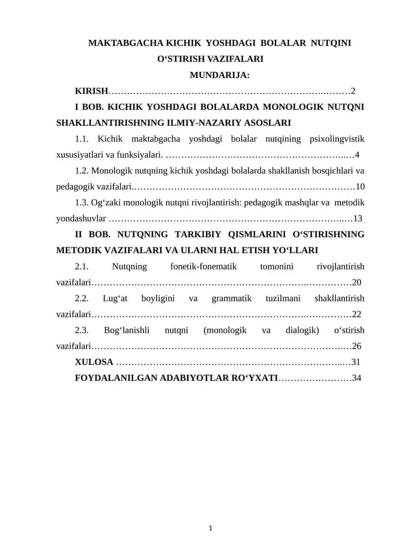 MAKTABGACHA KICHIK YOSHDAGI BOLALAR NUTQINI O‘STIRISH VAZIFALARI