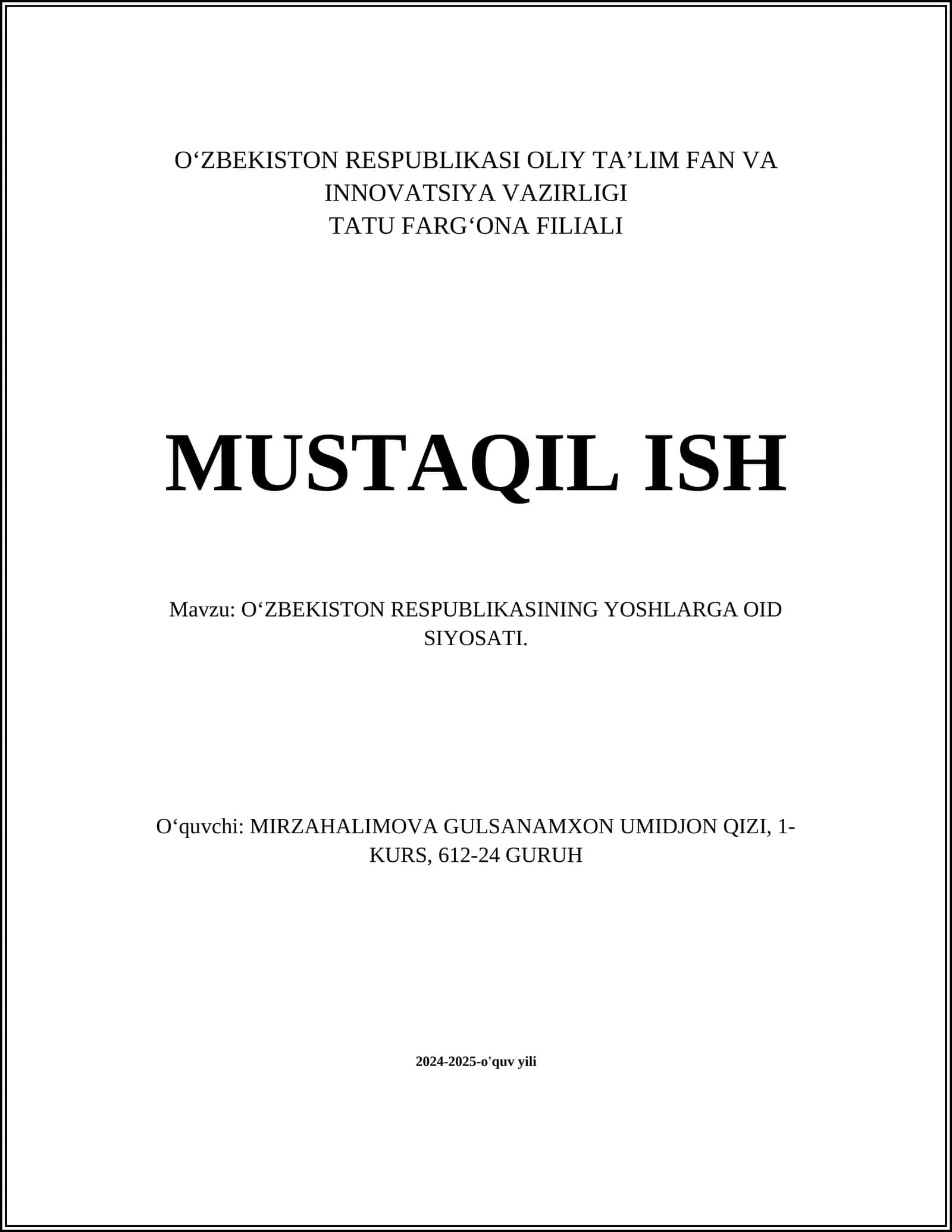 O‘ZBEKISTON RESPUBLIKASINING YOSHLARGA OID SIYOSATI