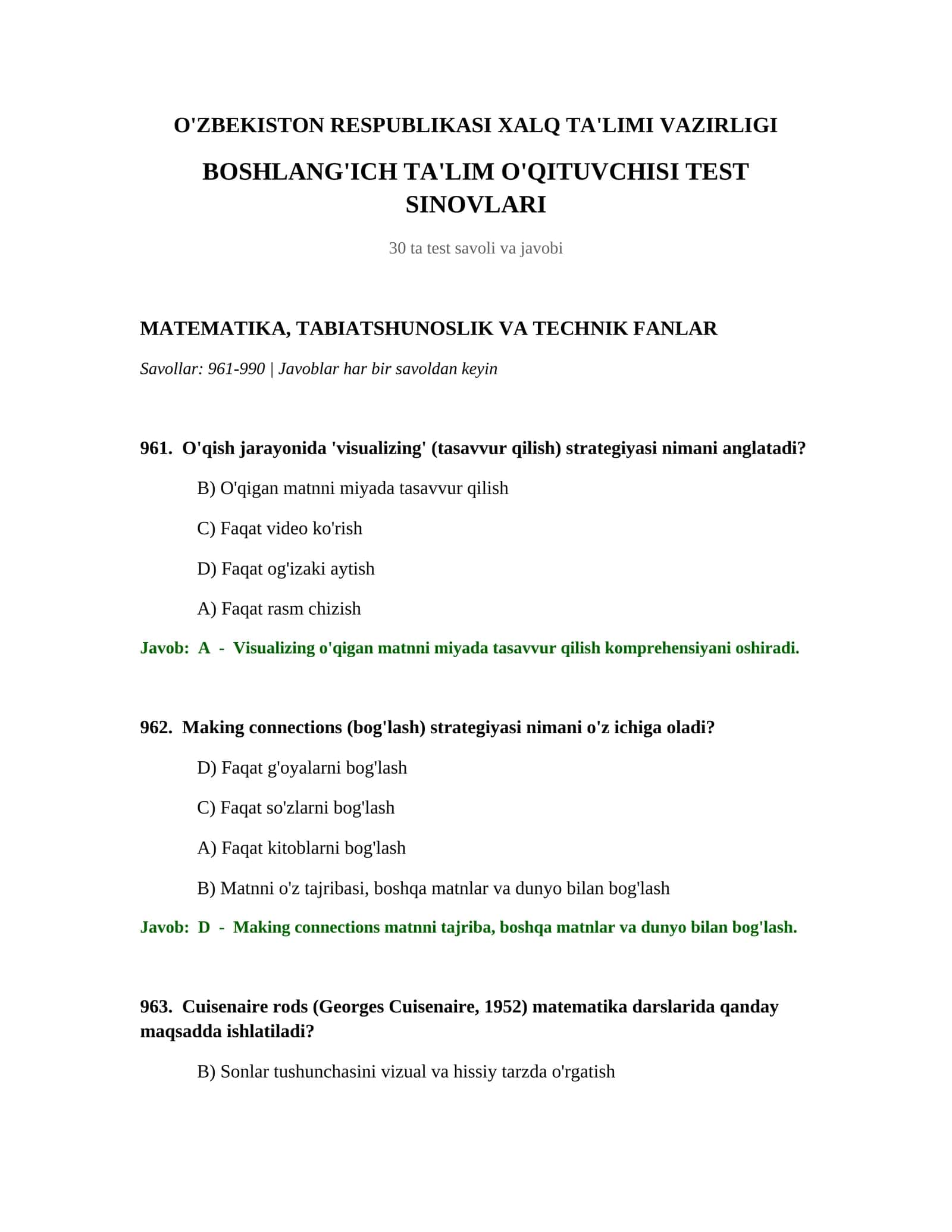 BOSHLANG'ICH TA'LIM O'QITUVCHISI TEST SINOVLARI