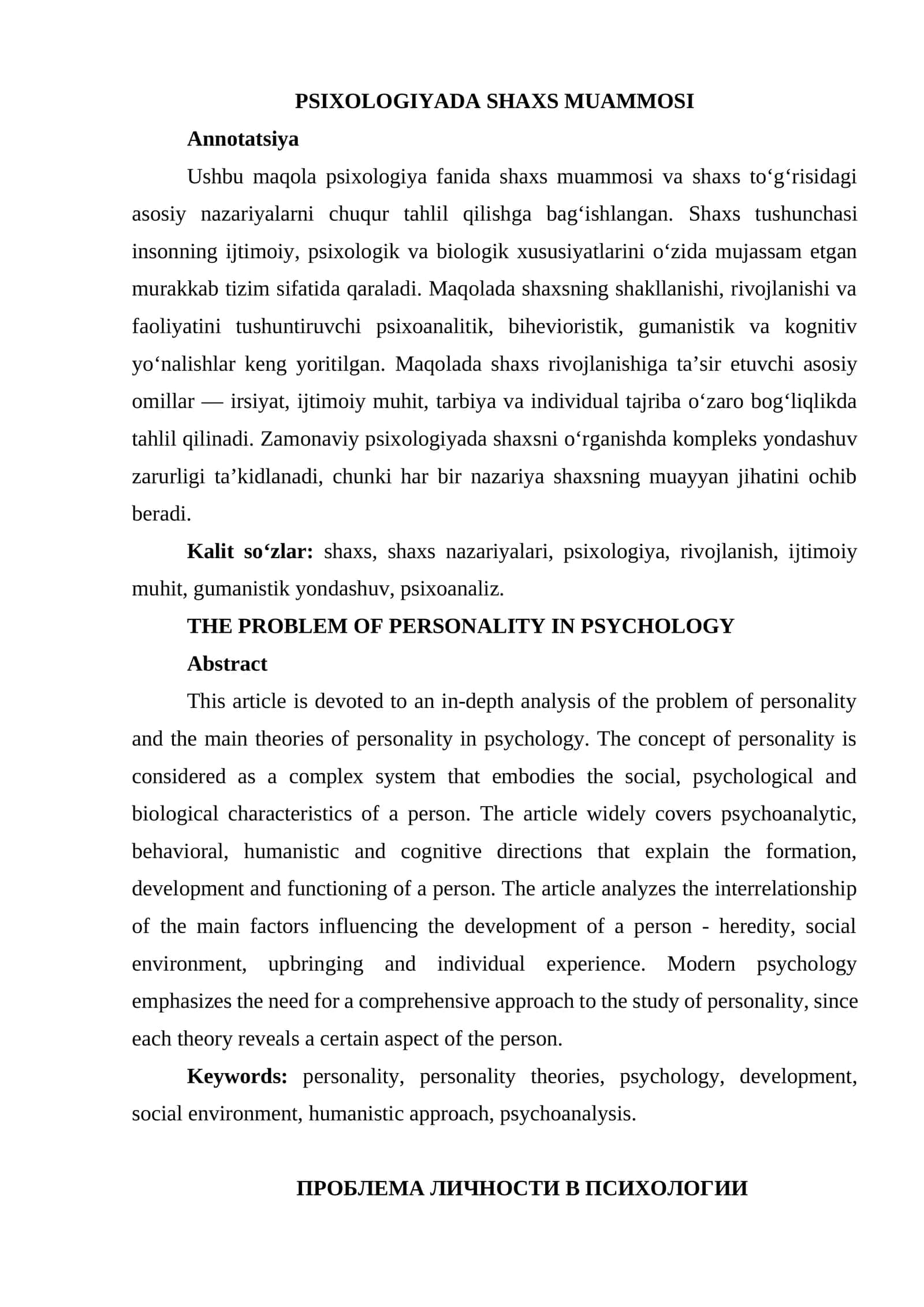 PSIXOLOGIYADA SHAXS MUAMMOSI