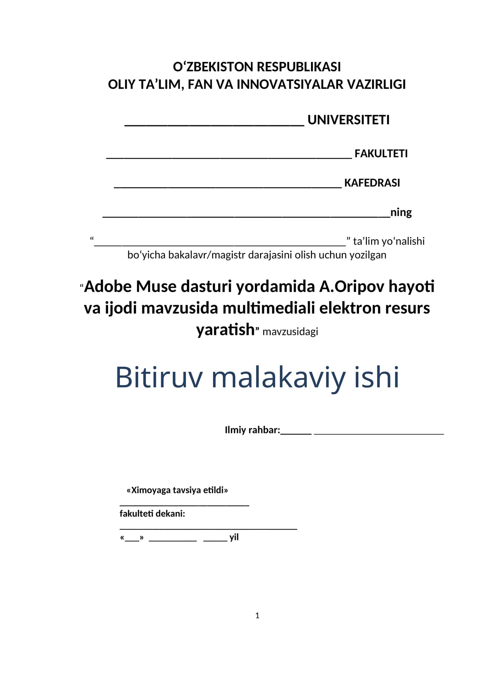 Adobe Muse dasturi yordamida A.Oripov hayoti va ijodi mavzusida multimediali elektron resurs yaratish