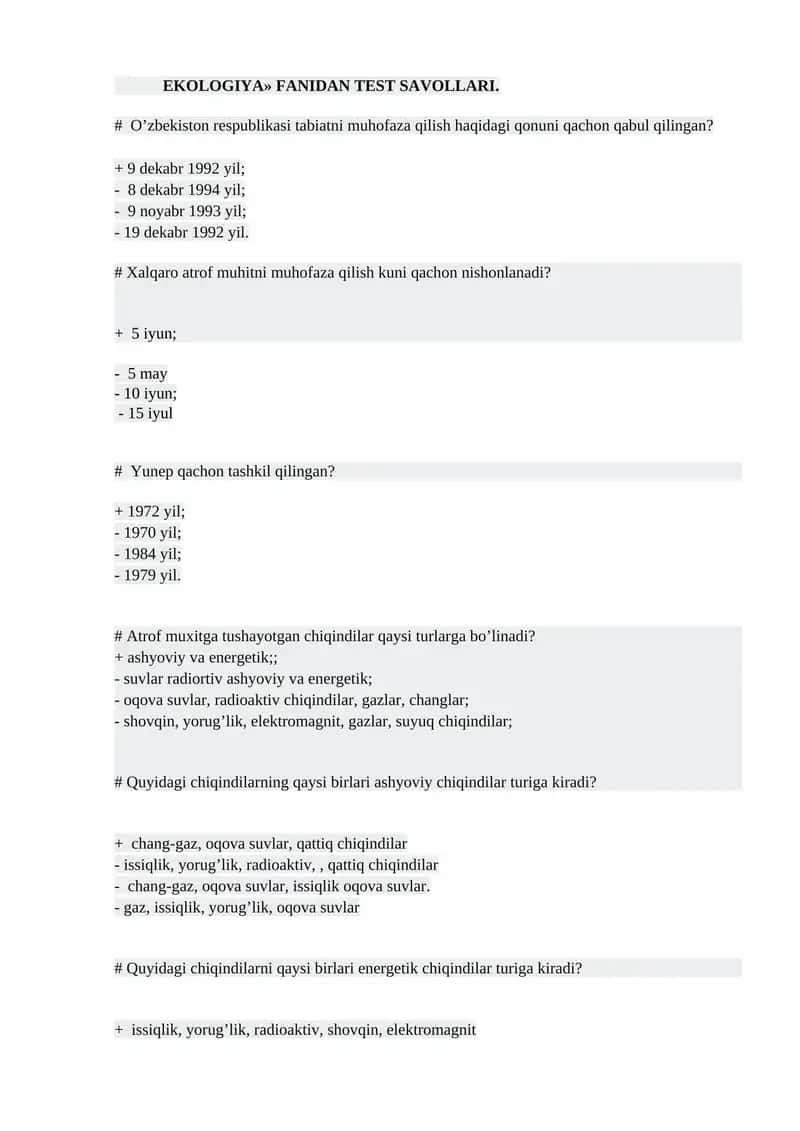 EKOLOGIYA» FANIDAN TEST SAVOLLARI