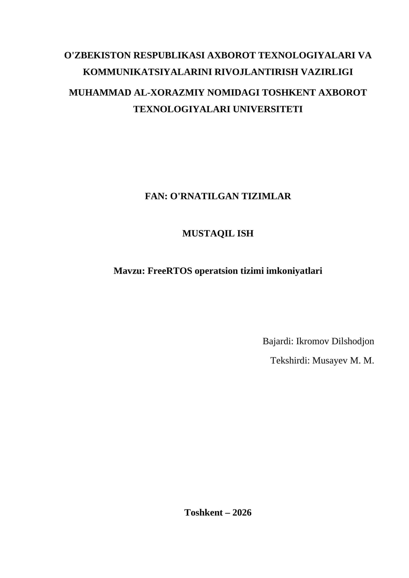 FreeRTOS operatsion tizimi imkoniyatlari