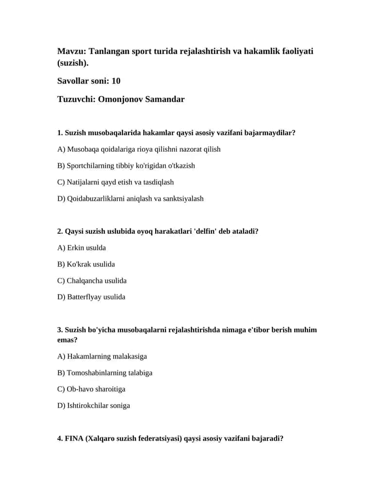 Tanlangan sport turida rejalashtirish va hakamlik faoliyati (suzish)