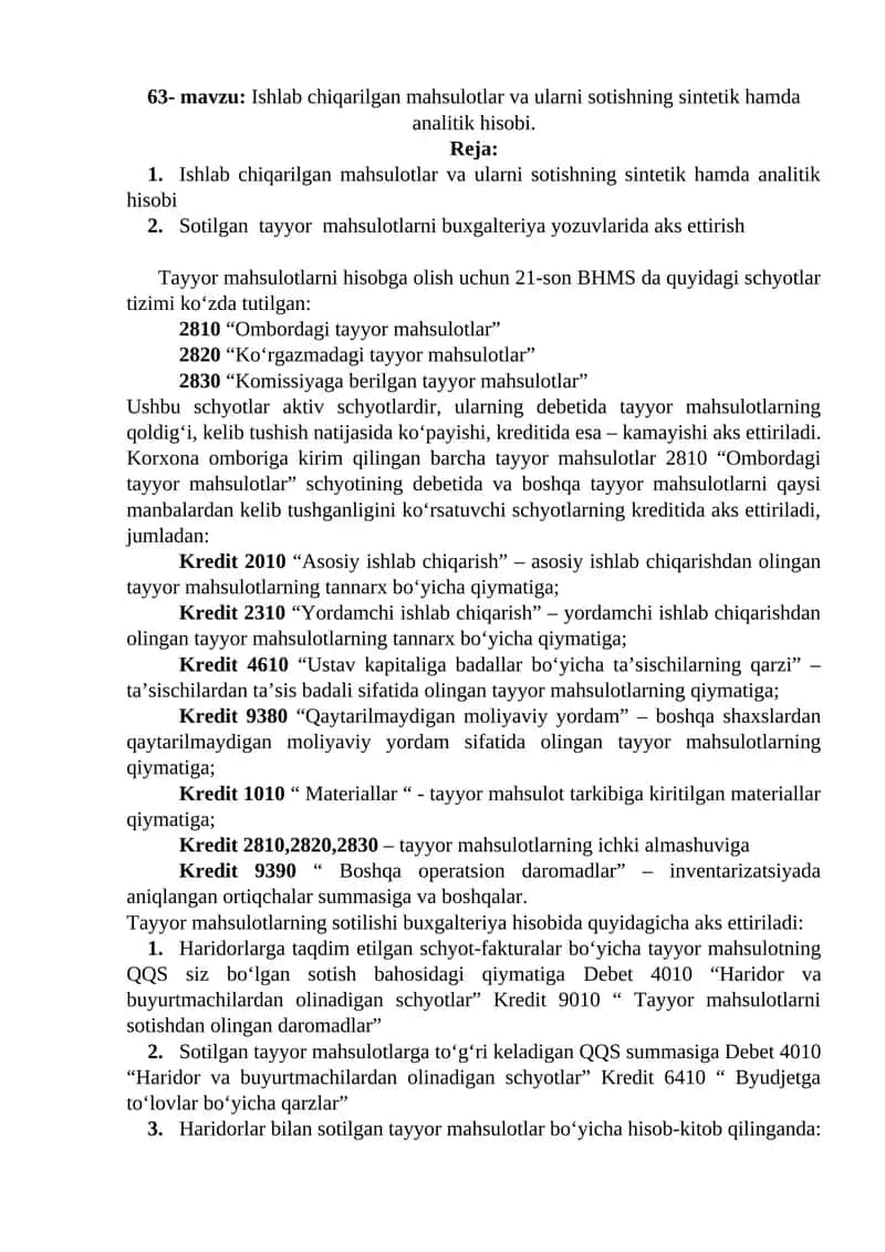 Ishlab chiqarilgan mahsulotlar va ularni sotishning sintetik hamda analitik hisobi