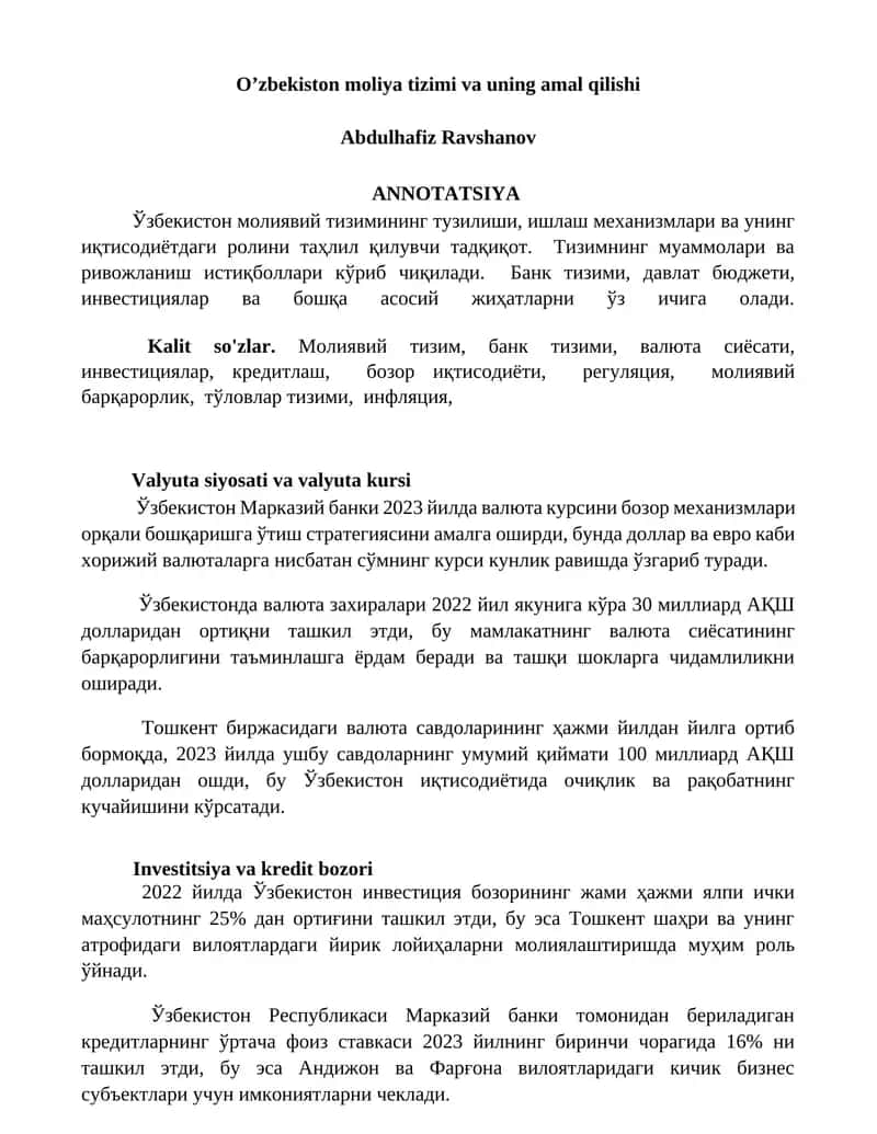 O’zbekiston moliya tizimi va uning amal qilishi