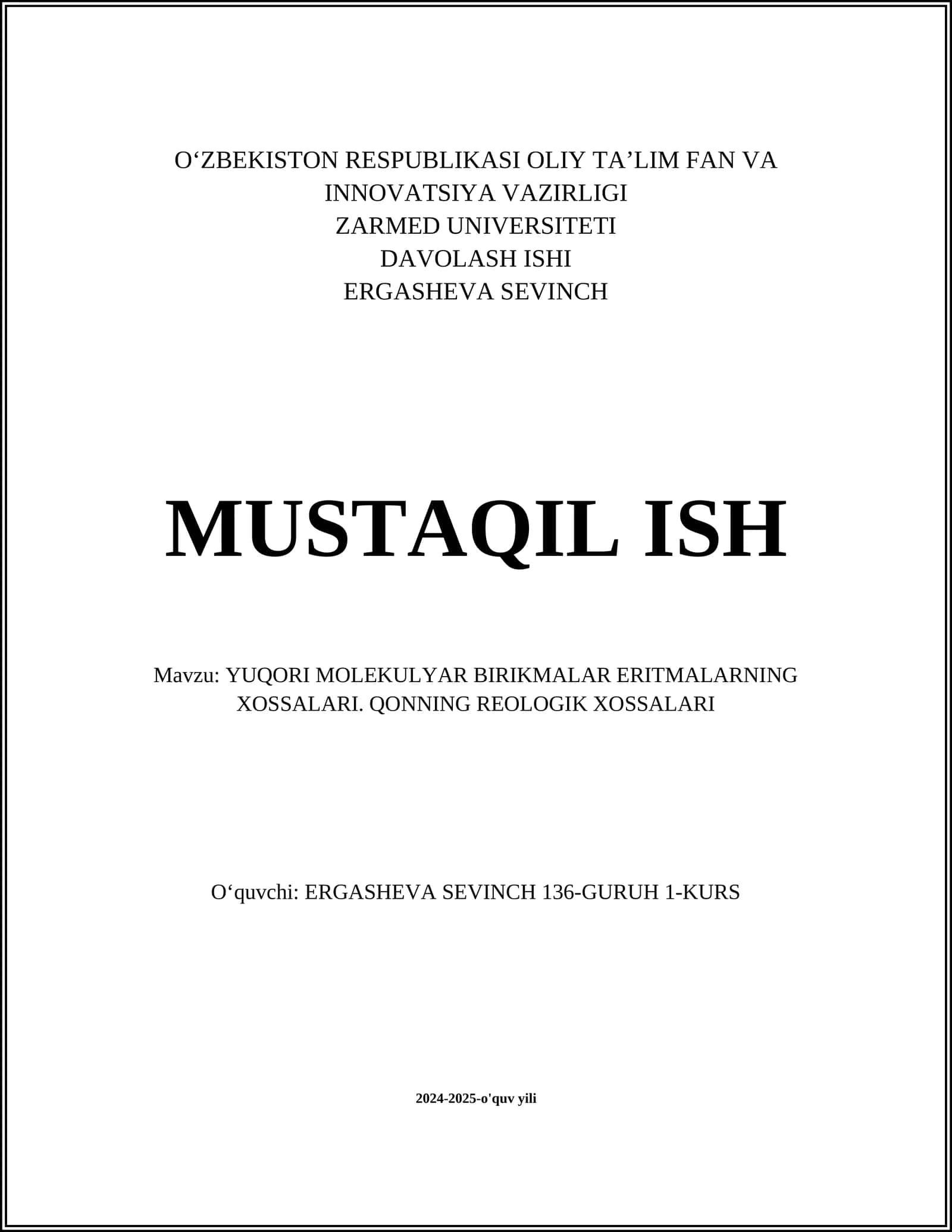 YUQORI MOLEKULYAR BIRIKMALAR ERITMALARNING XOSSALARI