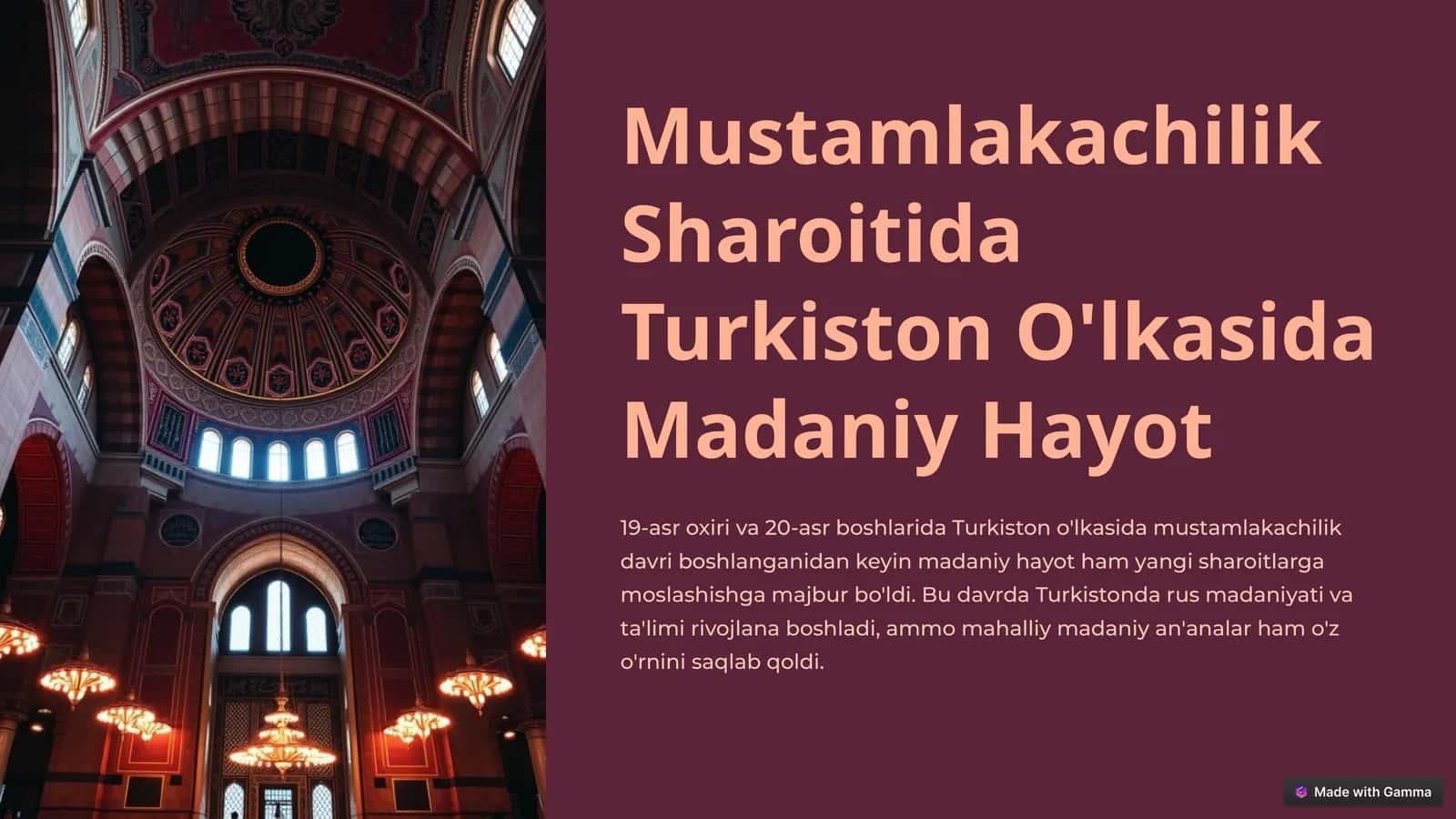 Mustamlakachilik Sharoitida Turkiston O'lkasida Madaniy Hayot
