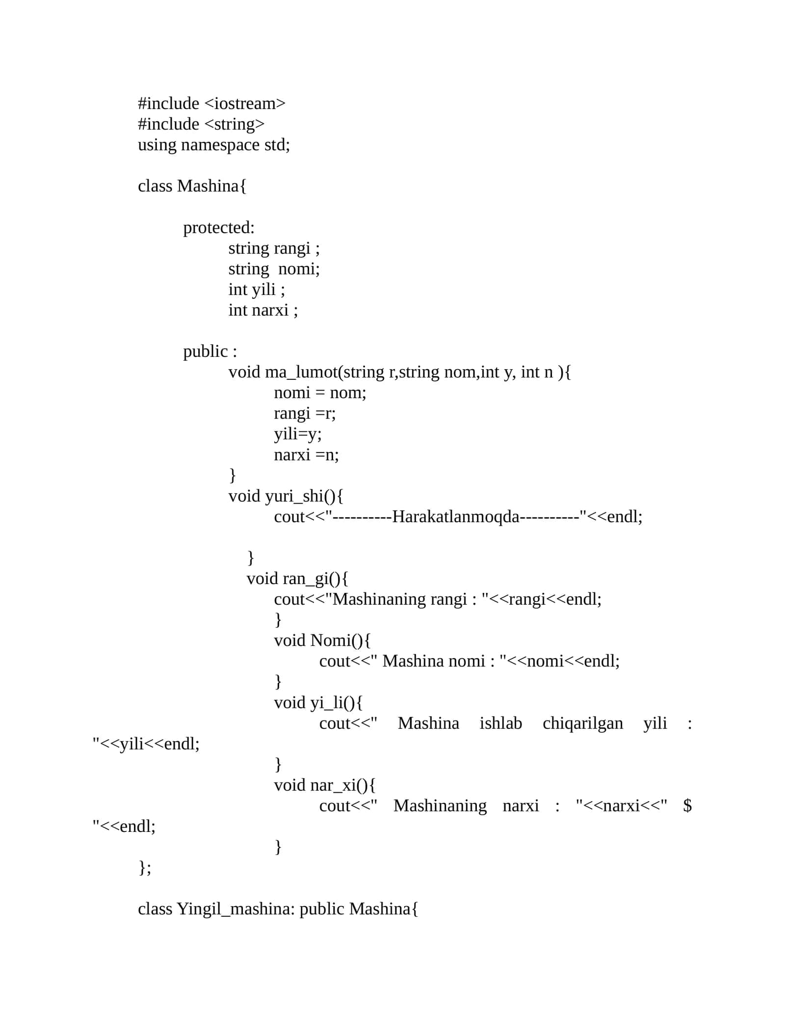 Mashina vorislik haqida kod c++ da