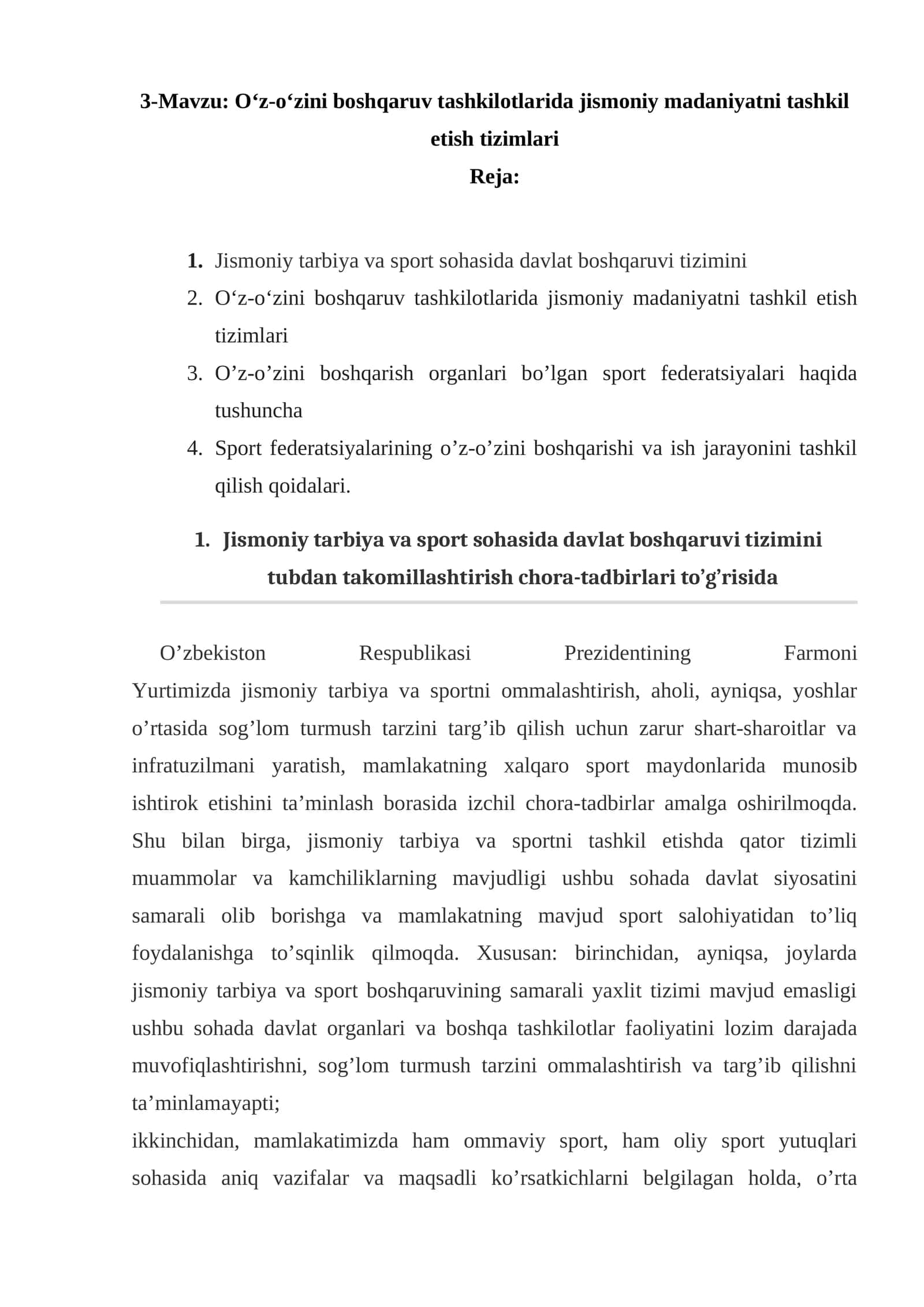 O‘z-o‘zini boshqaruv tashkilotlarida jismoniy madaniyatni tashkil etish tizimlari