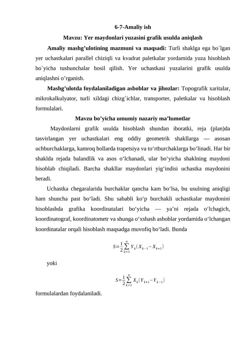 Yer maydonlari yuzasini grafik usulda aniqlash