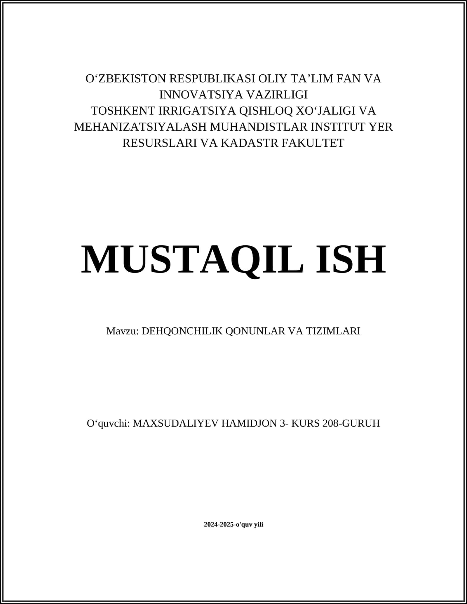 DEHQONCHILIK QONUNLAR VA TIZIMLARI