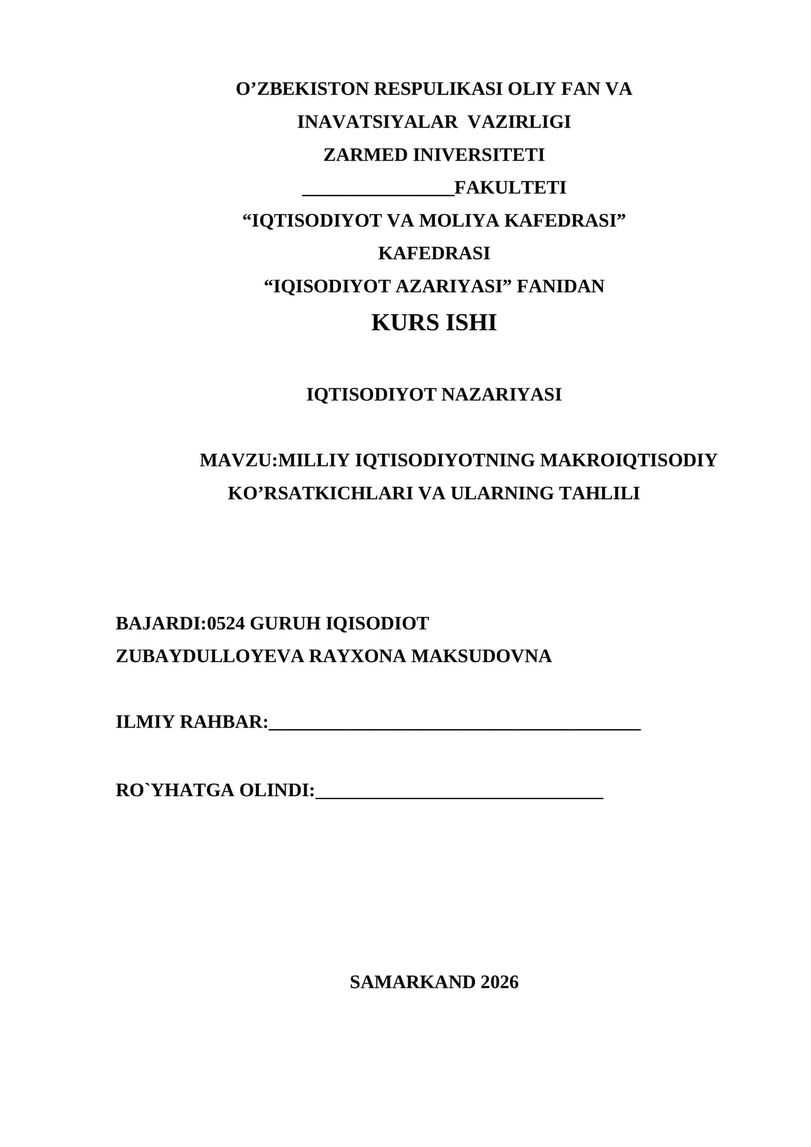 MILLIY IQTISODIYOTNING MAKROIQTISODIY KO’RSATKICHLARI VA ULARNING TAHLILI