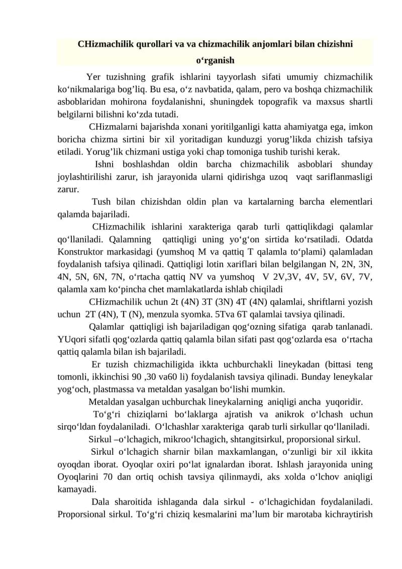 CHizmachilik qurollari va va chizmachilik anjomlari bilan chizishni o‘rganish