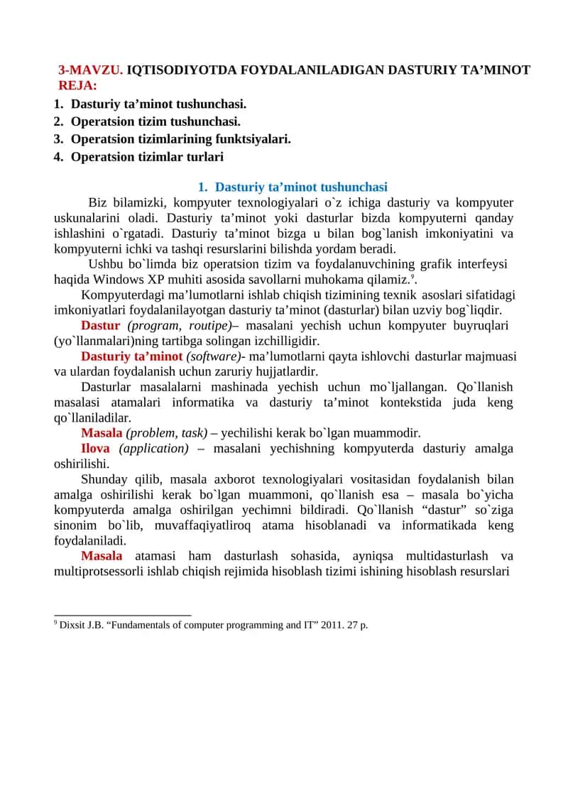 IQTISODIYOTDA FOYDALANILADIGAN DASTURIY TA’MINOT