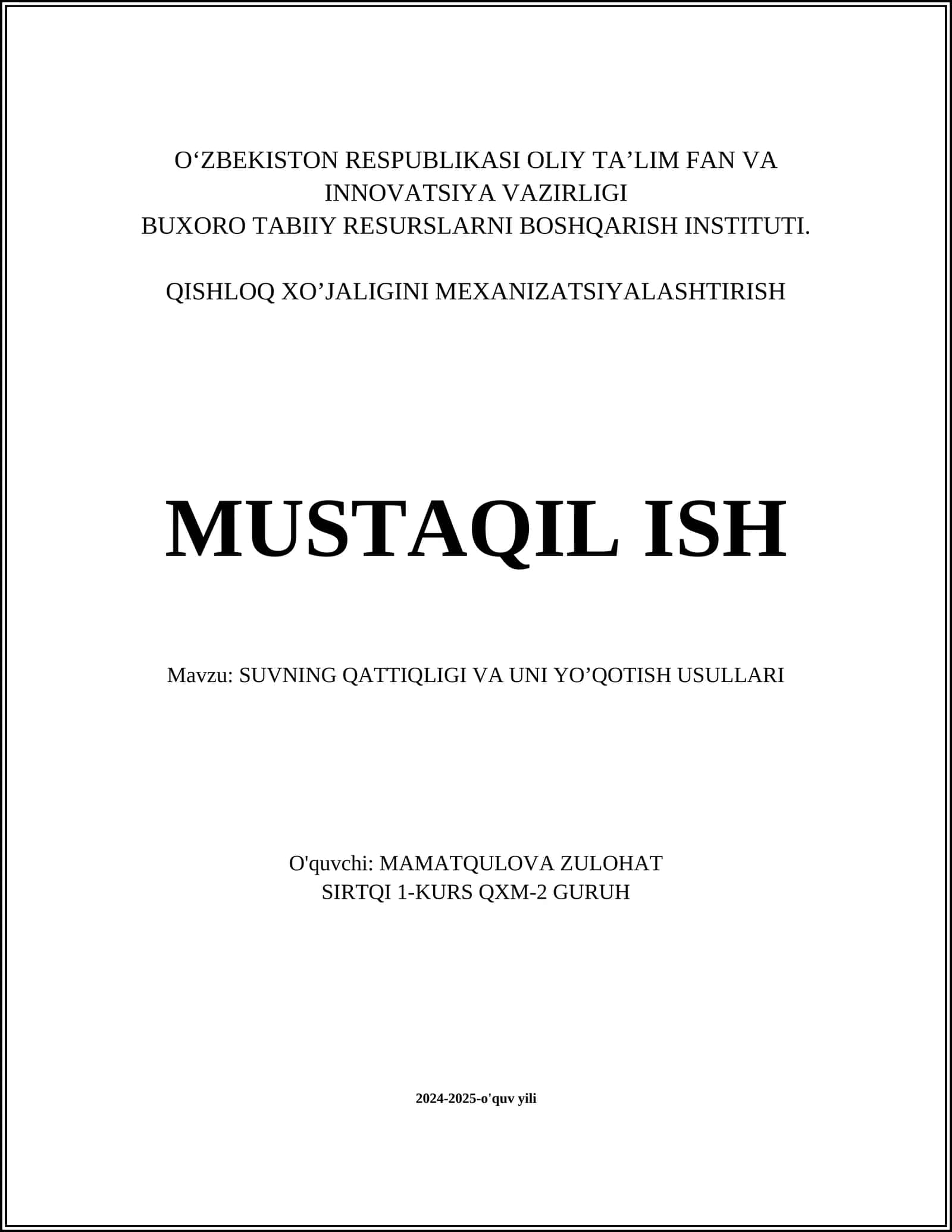 SUVNING QATTIQLIGI VA UNI YO’QOTISH USULLARI