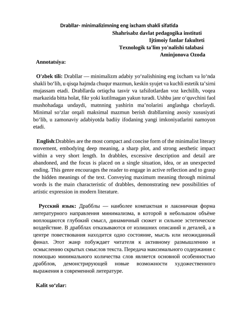 Drabllar- minimalizimning eng ixcham shakli sifatida