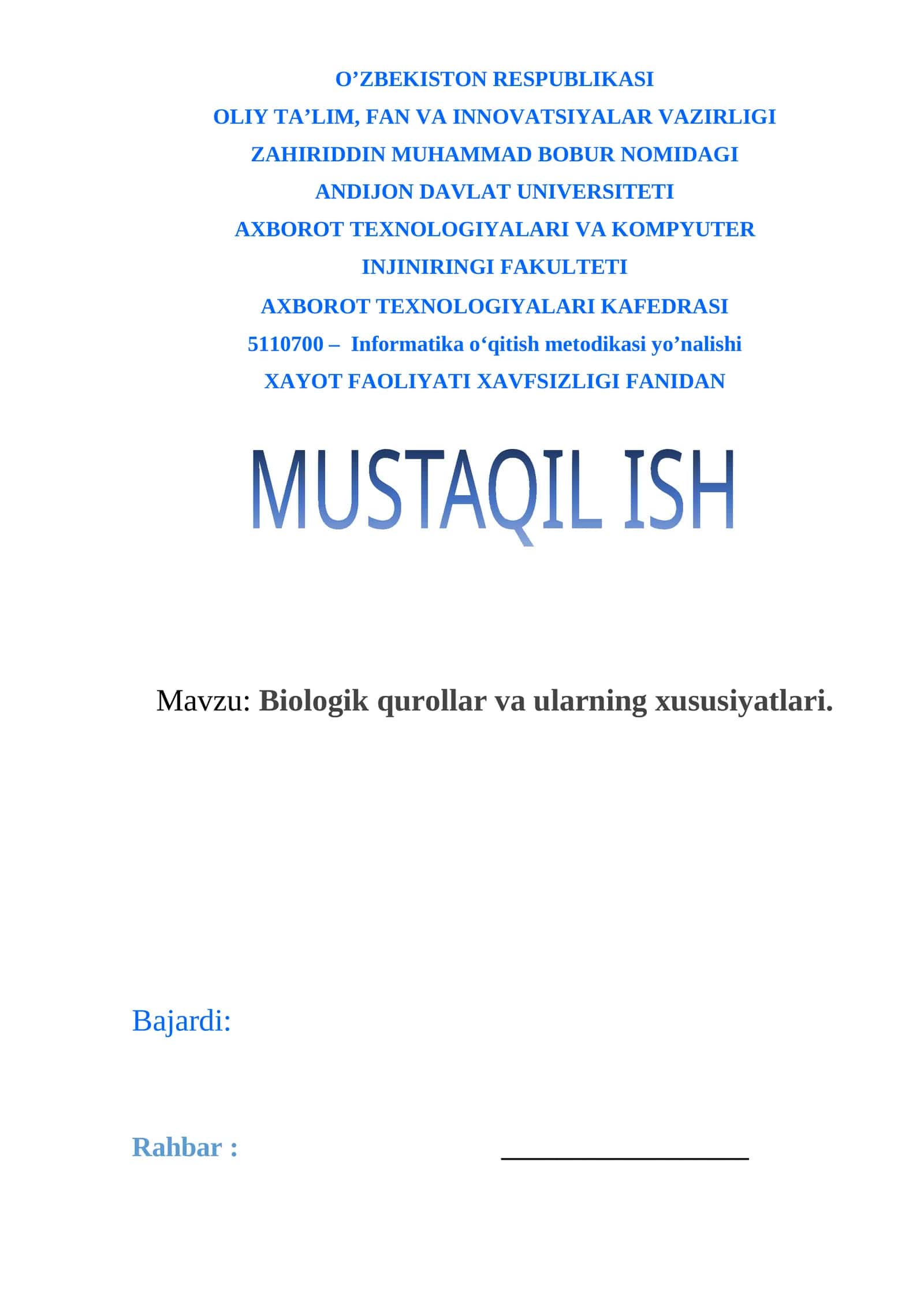 Biologik qurollar va ularning xususiyatlari