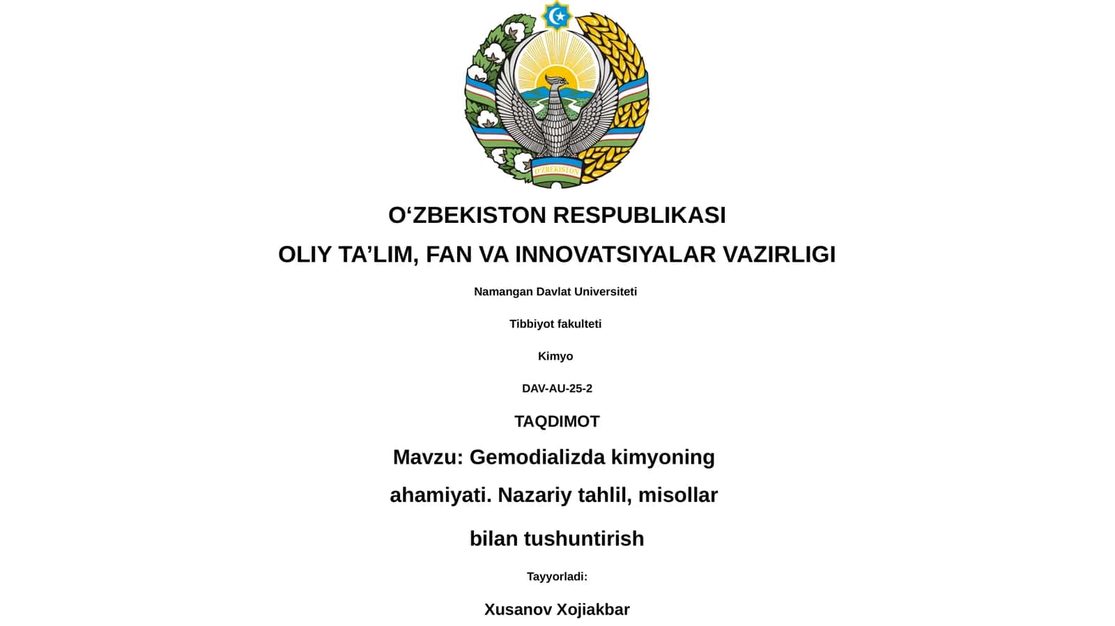 Gemodializda kimyoning ahamiyati. Nazariy tahlil, misollar bilan tushuntirish
