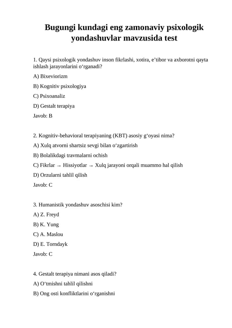 Bugungi kundagi eng zamonaviy psixologik yondashuvlar