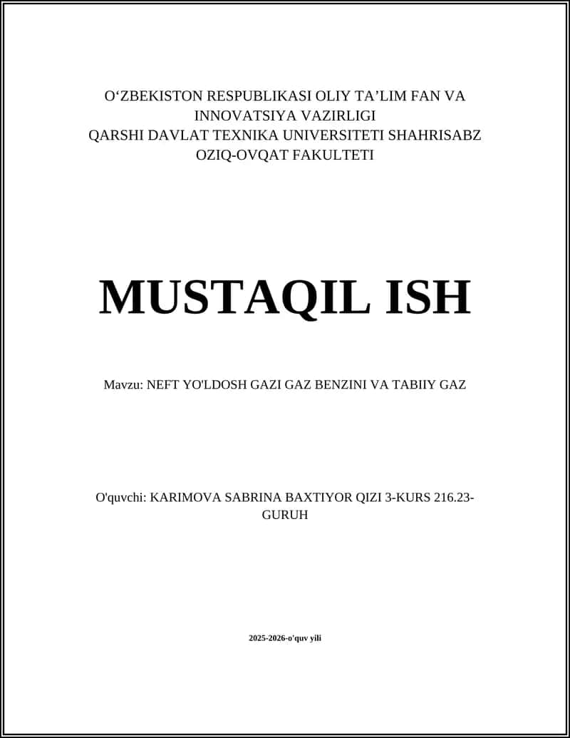 NEFT YO'LDOSH GAZI GAZ BENZINI VA TABIIY GAZ