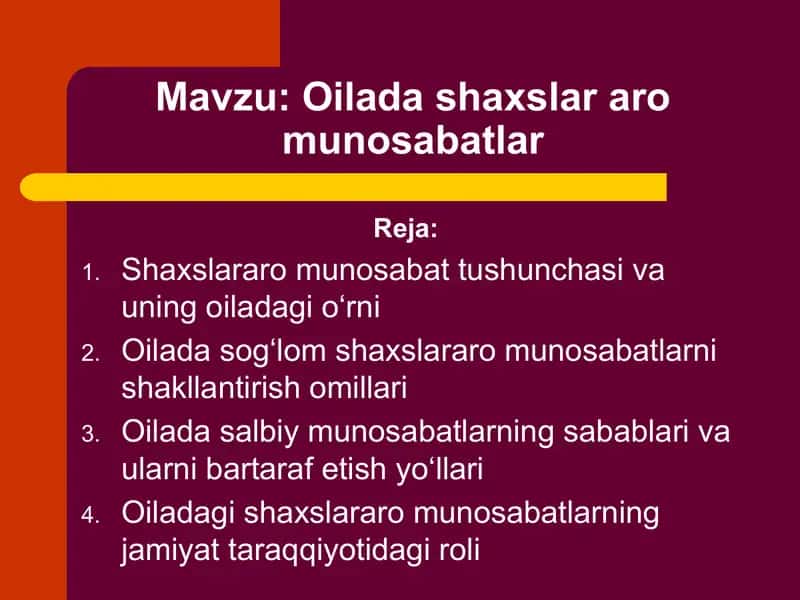 Oilada shaxslar aro munosabatlar