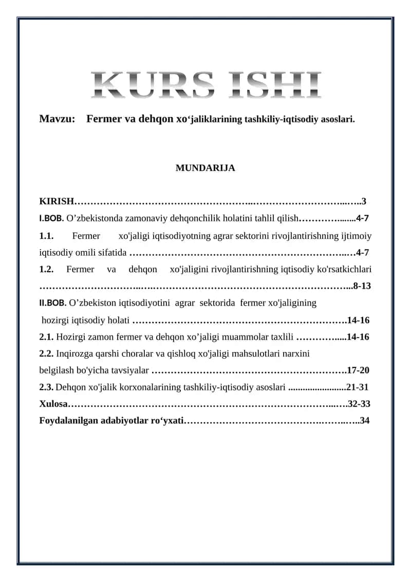 Fermer va dehqon xo'jaliklarining tashkiliy-iqtisodiy asoslari