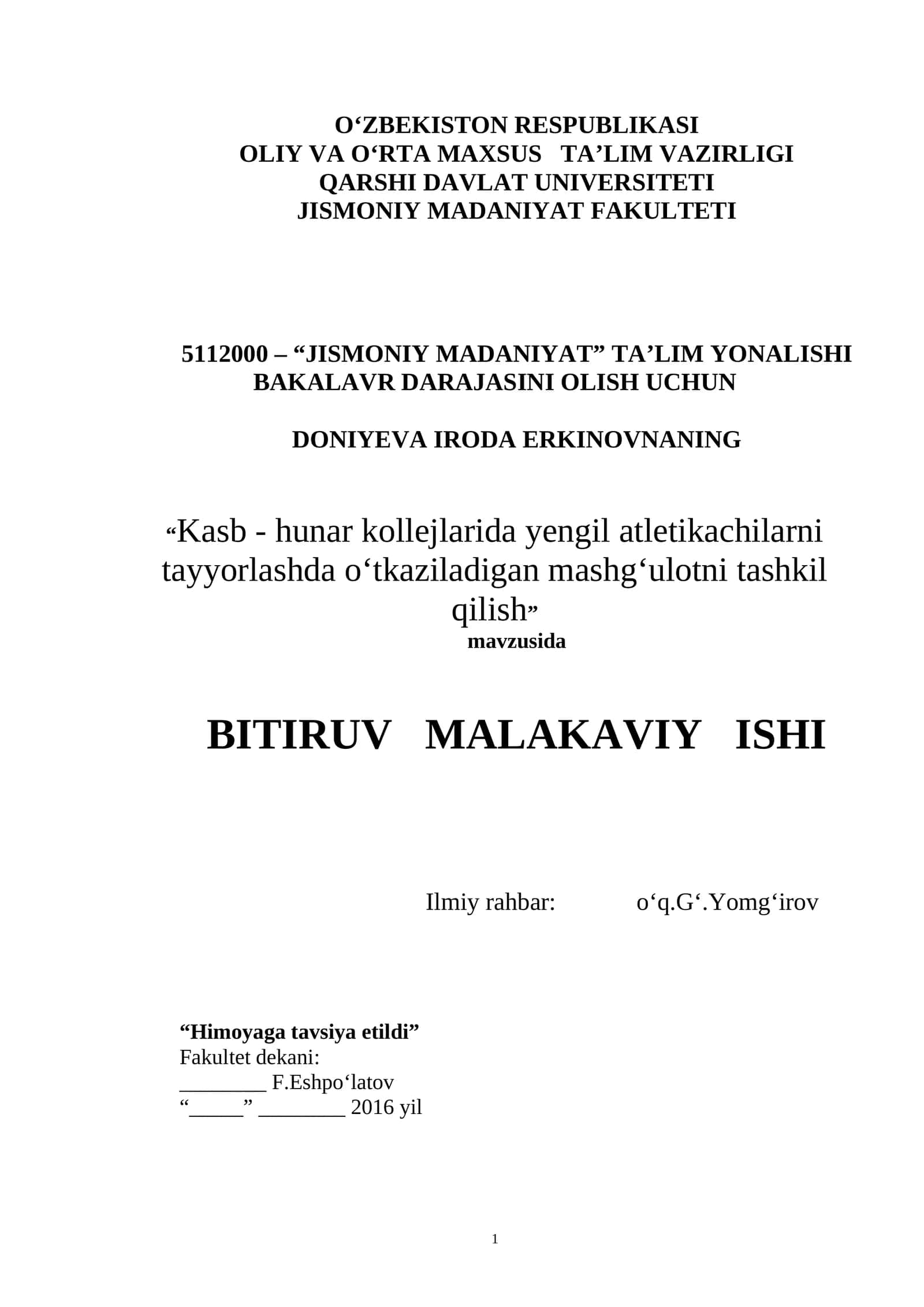 Kasb - hunar kollejlarida yengil atletikachilarni tayyorlashda o‘tkaziladigan mashg‘ulotni tashkil qilish