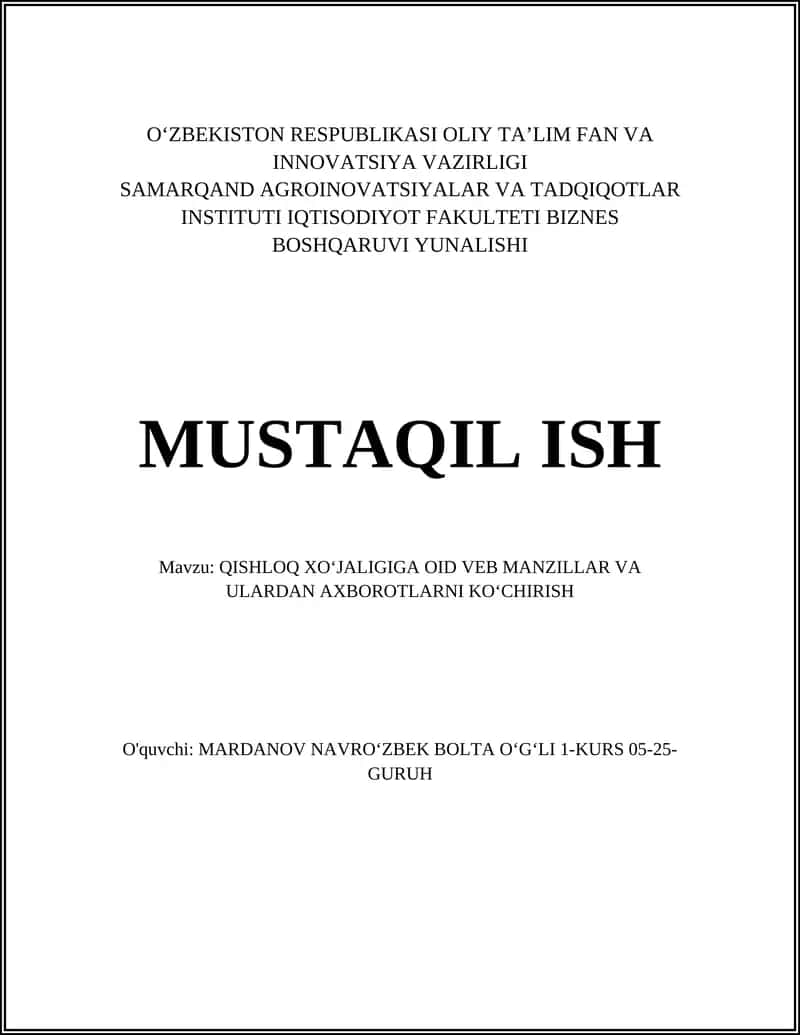 QISHLOQ XOʻJALIGIGA OID VEB MANZILLAR VA ULARDAN AXBOROTLARNI KOʻCHIRISH