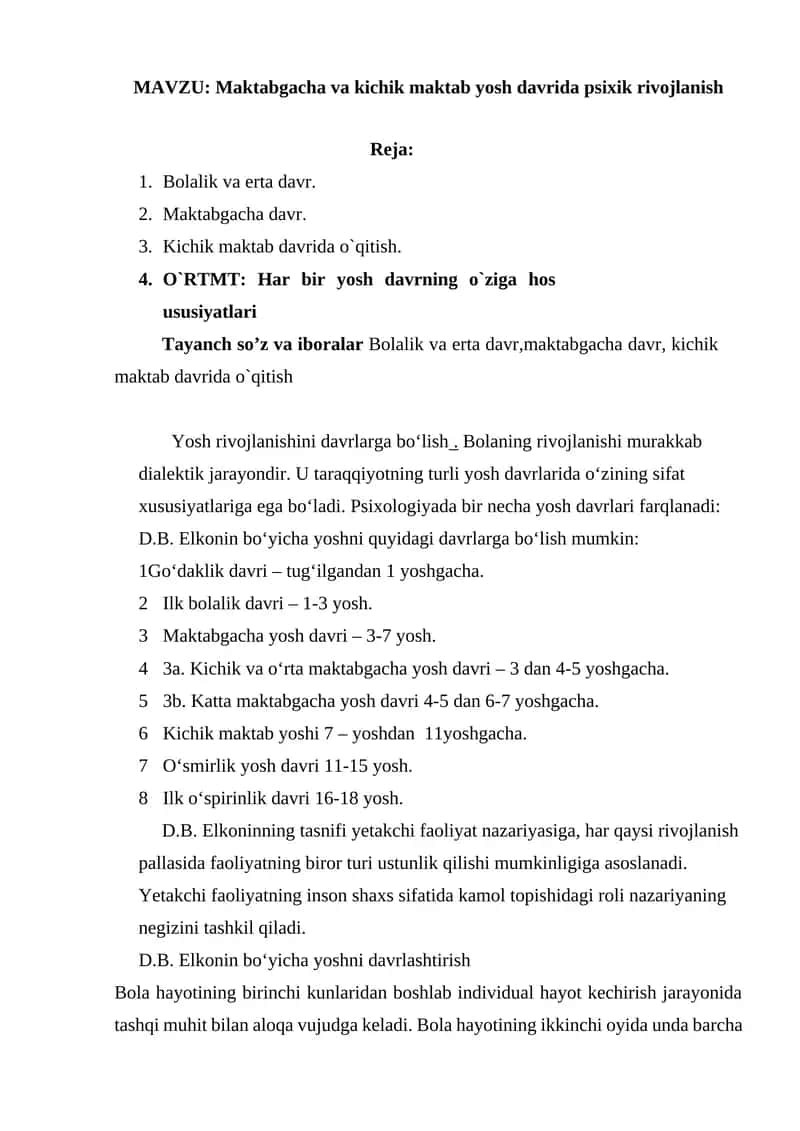 Maktabgacha va kichik maktab yosh davrida psixik rivojlanish