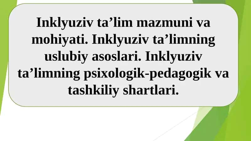 Inklyuziv ta’lim mazmuni va mohiyati. Inklyuziv ta’limning uslubiy asoslari. Inklyuziv ta’limning psixologik-pedagogik va tashkiliy shartlari.