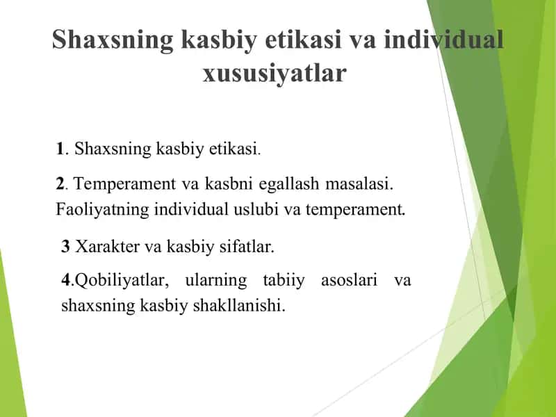 Shaxsning kasbiy etikasi va individual xususiyatlar