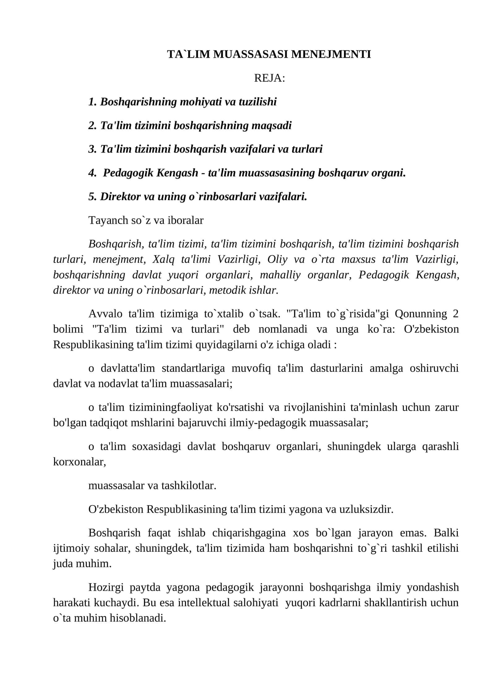 TA`LIM MUASSASASI MENEJMENTI