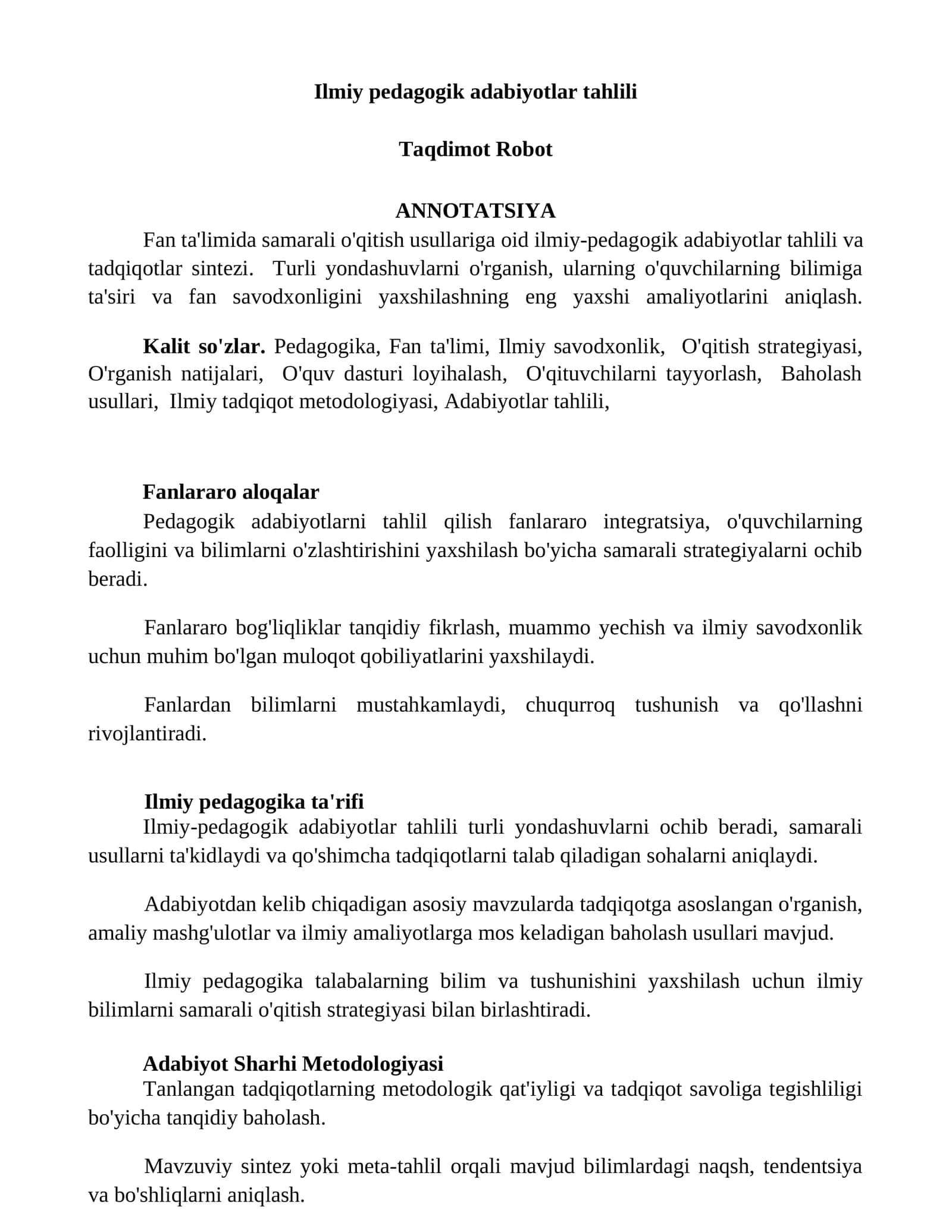 Ilmiy pedagogik adabiyotlar tahlili
