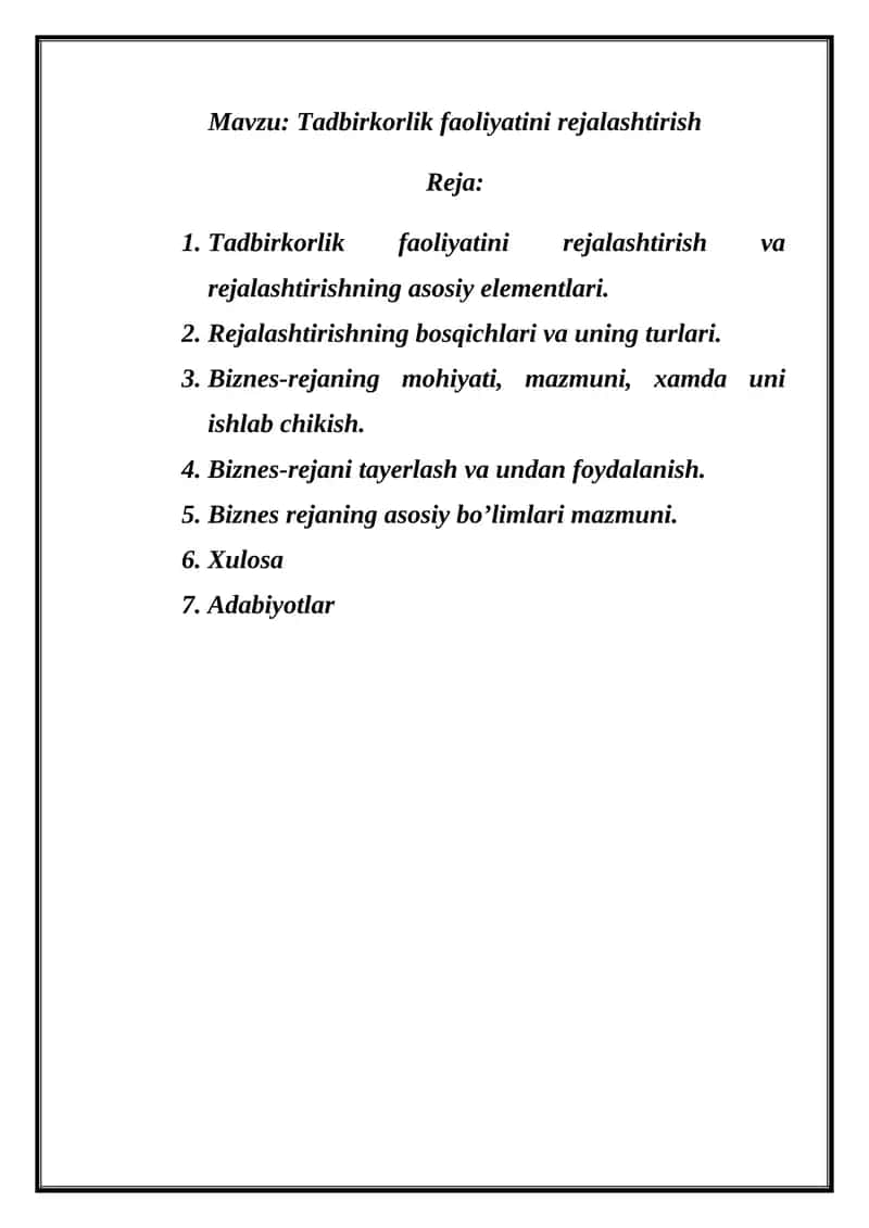 Tadbirkorlik faoliyatini rejalashtirish