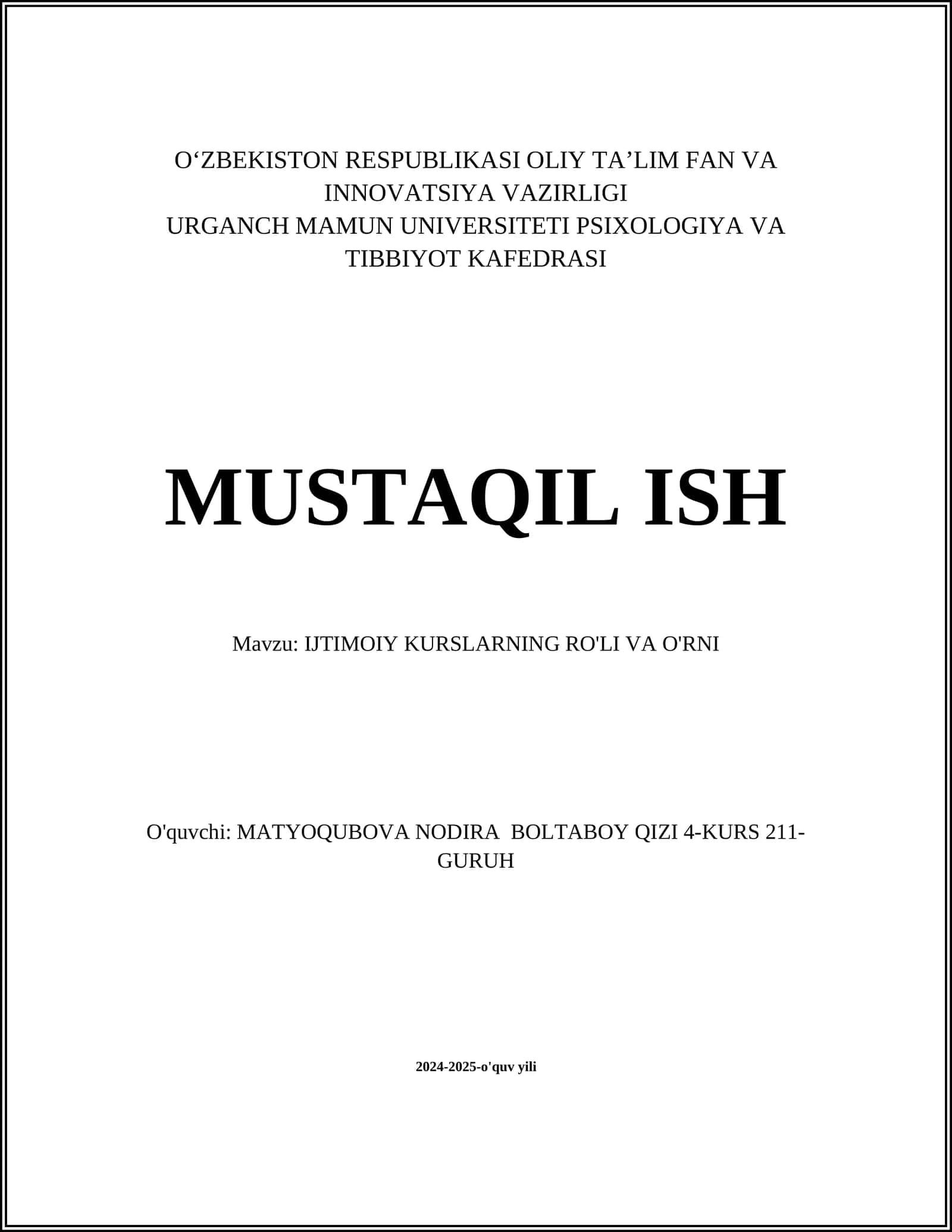 IJTIMOIY KURSLARNING RO'LI VA O'RNI